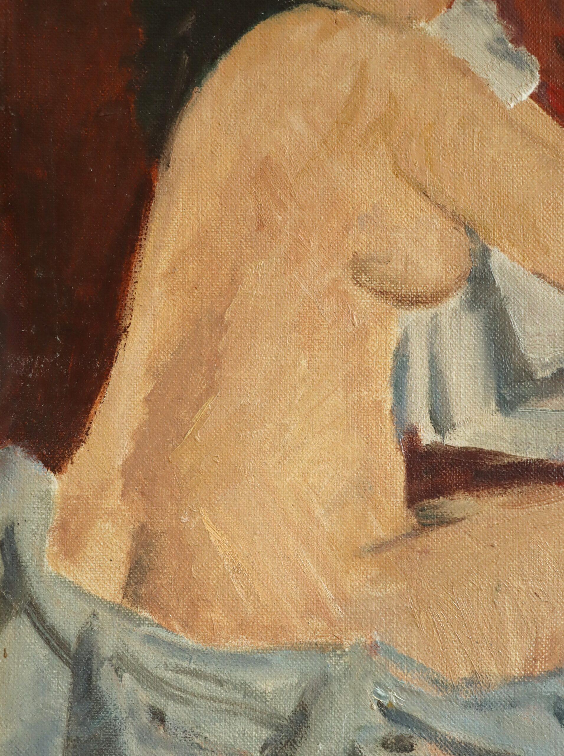 1974 Modernist Swedish Expressive Nude Portrait Oil Painting - Repose by Red For Sale 9