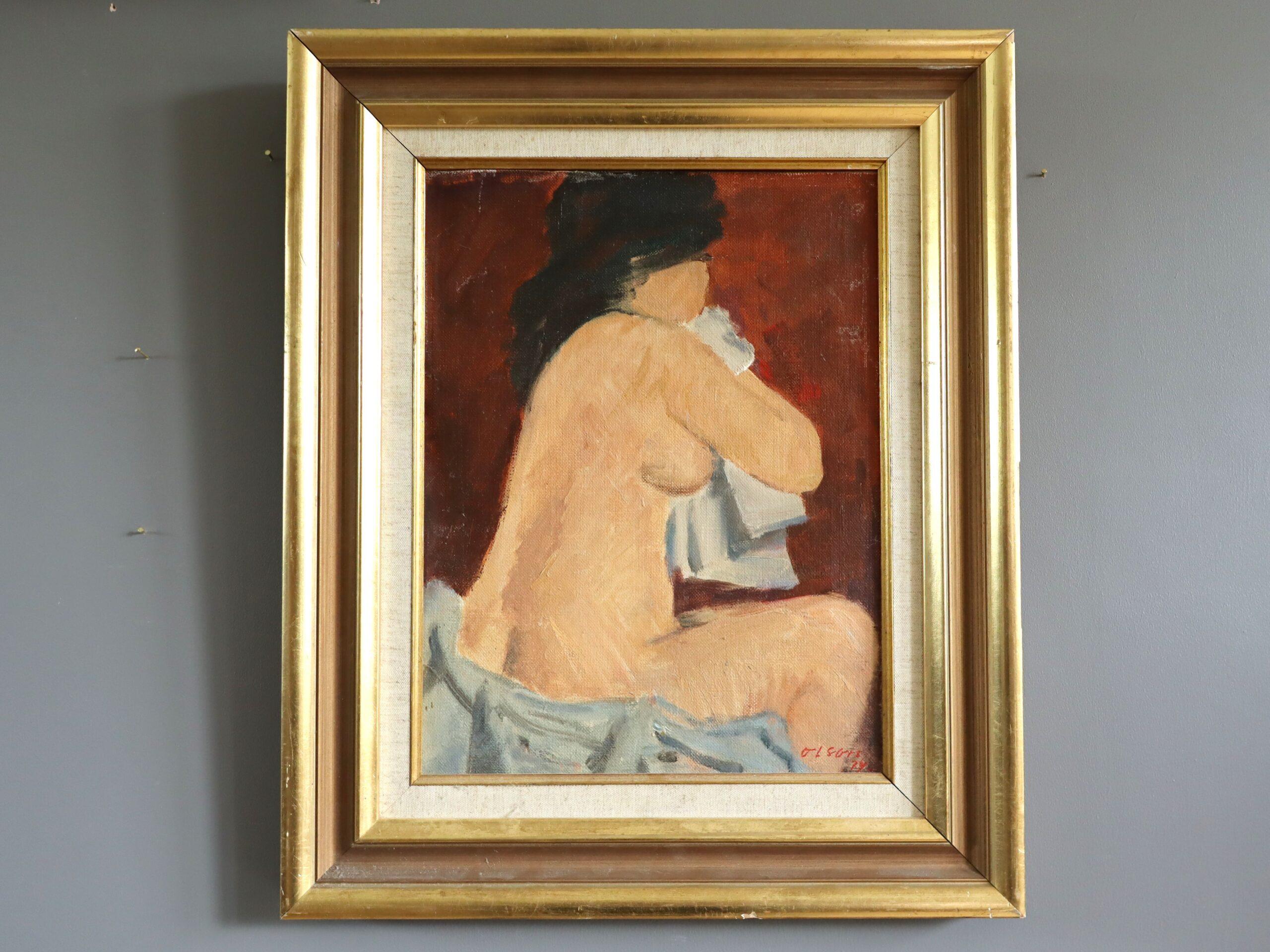 1974 Modernist Swedish Expressive Nude Portrait Oil Painting - Repose by Red - Brown Nude Painting by Unknown
