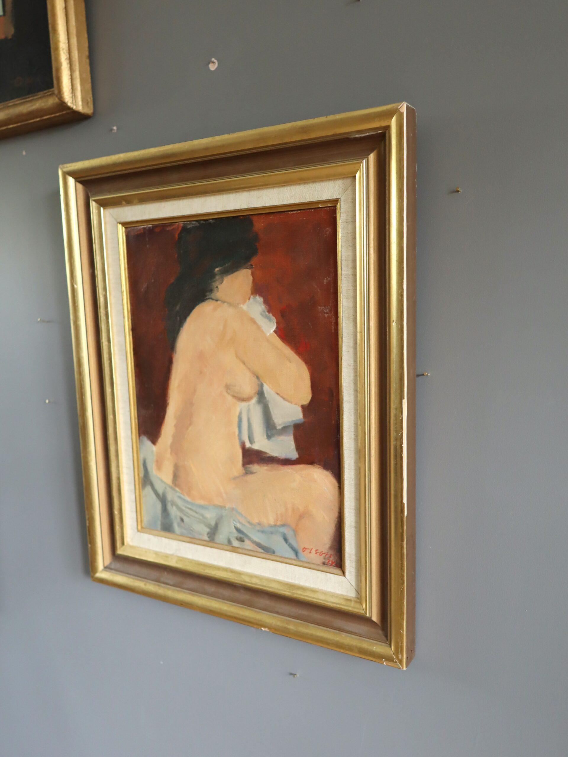 1974 Modernist Swedish Expressive Nude Portrait Oil Painting - Repose by Red For Sale 2