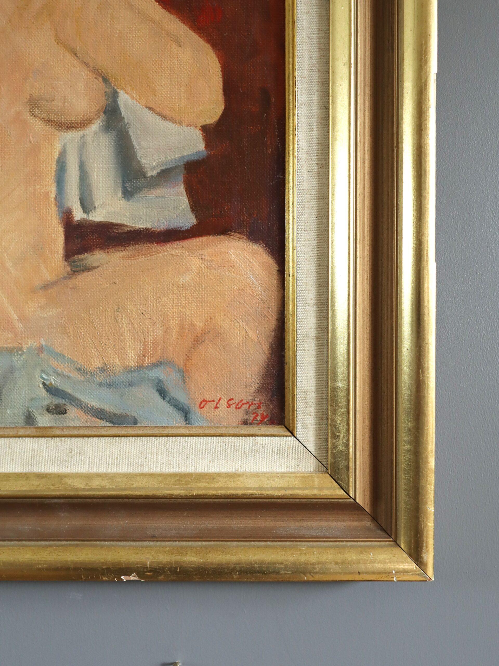1974 Modernist Swedish Expressive Nude Portrait Oil Painting - Repose by Red For Sale 6