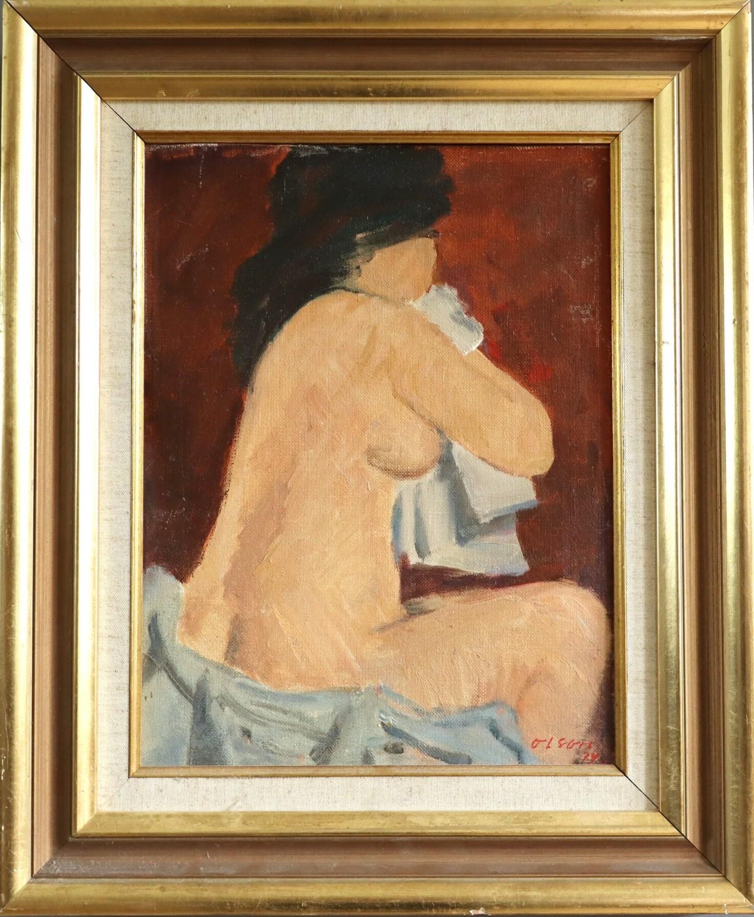 1974 Modernista Sueco Expresivo Retrato Desnudo Pintura al Óleo - Repose by Red