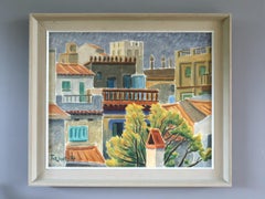 1974 Modernist Swedish Expressive Townscape Oil Painting - Sunlit Terraces