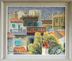 1974 Modernist Swedish Expressive Townscape Oil Painting - Sunlit Terraces
