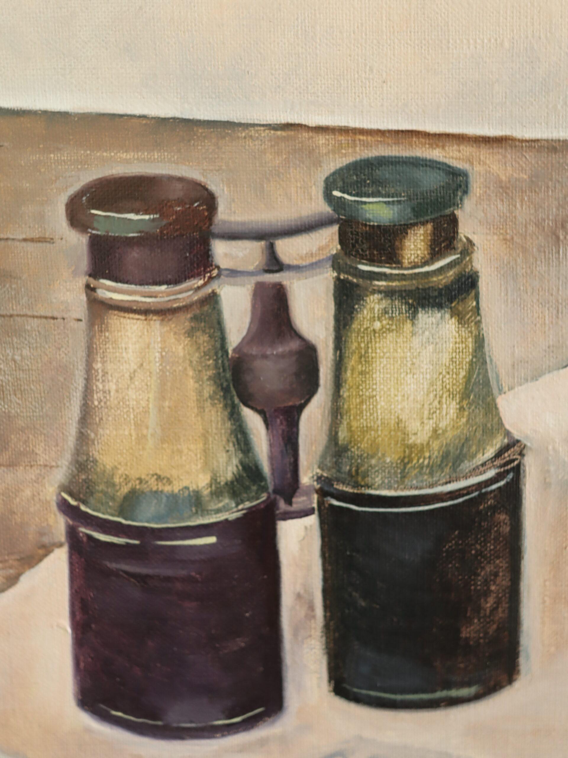 1974 Pittura ad olio di interni svedese modernista - Natura morta con binocolo in vendita 5