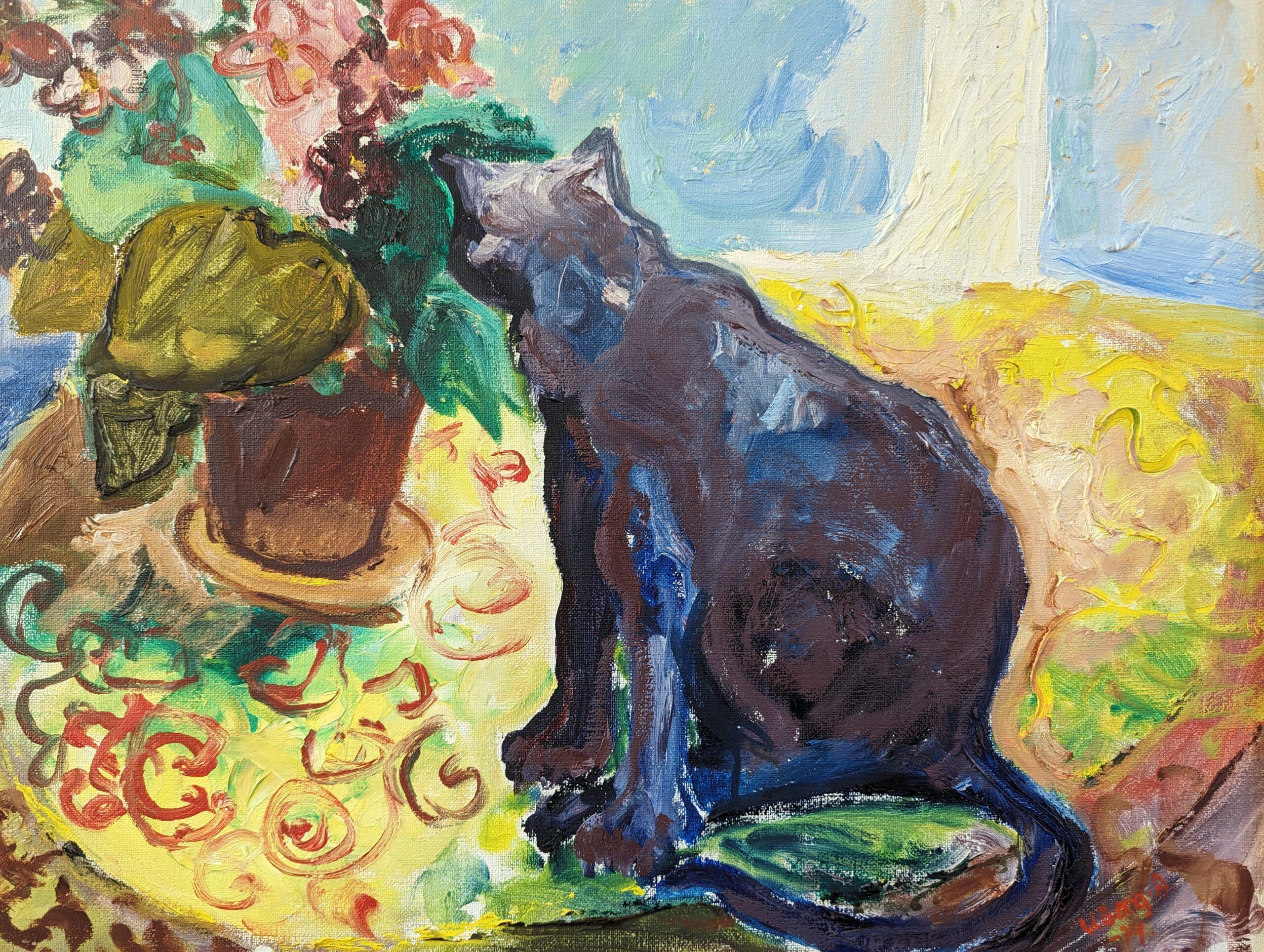 1974 Vintage Mid-Century Interior Scene Cat Oil Painting - The Curious Encounter For Sale 7