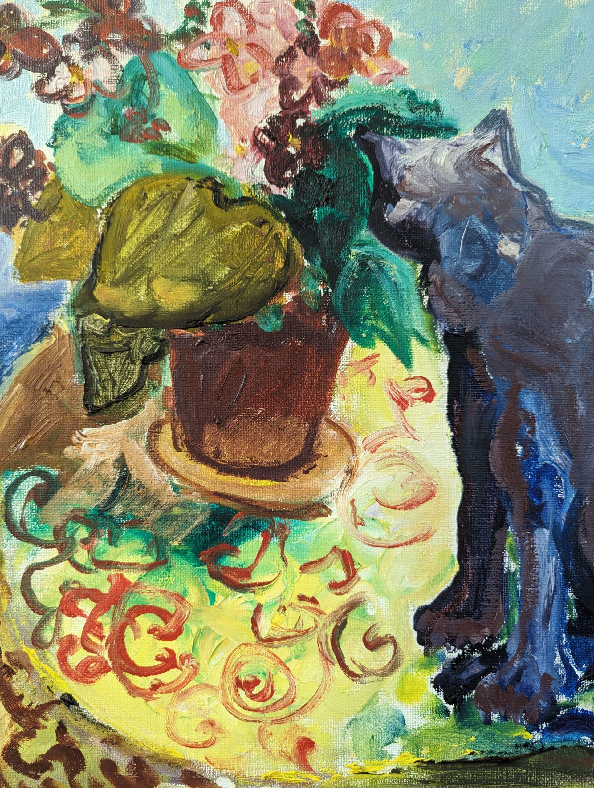 1974 Vintage Mid-Century Interior Scene Cat Oil Painting - The Curious Encounter For Sale 8