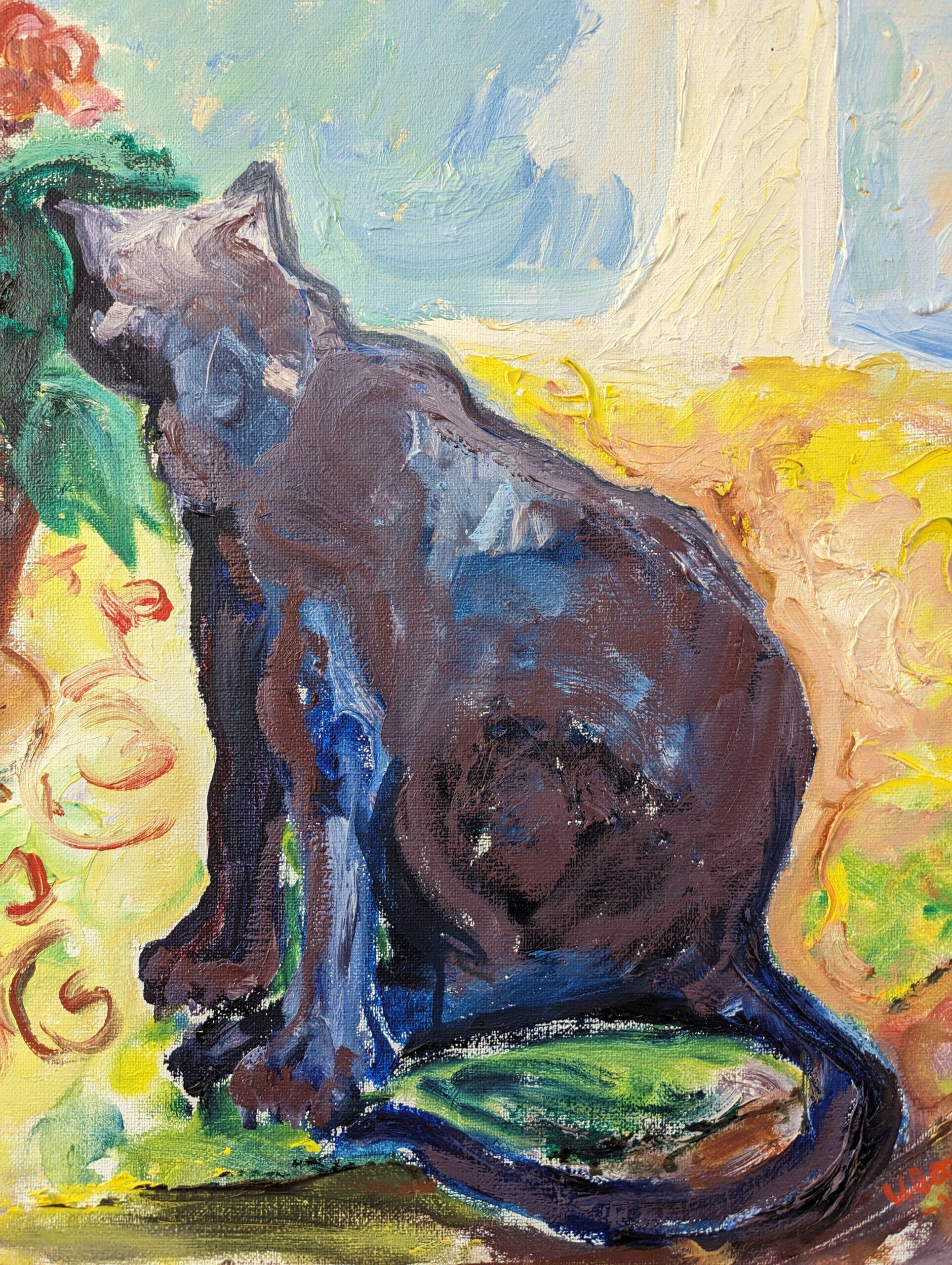 1974 Vintage Mid-Century Interior Scene Cat Oil Painting - The Curious Encounter For Sale 9