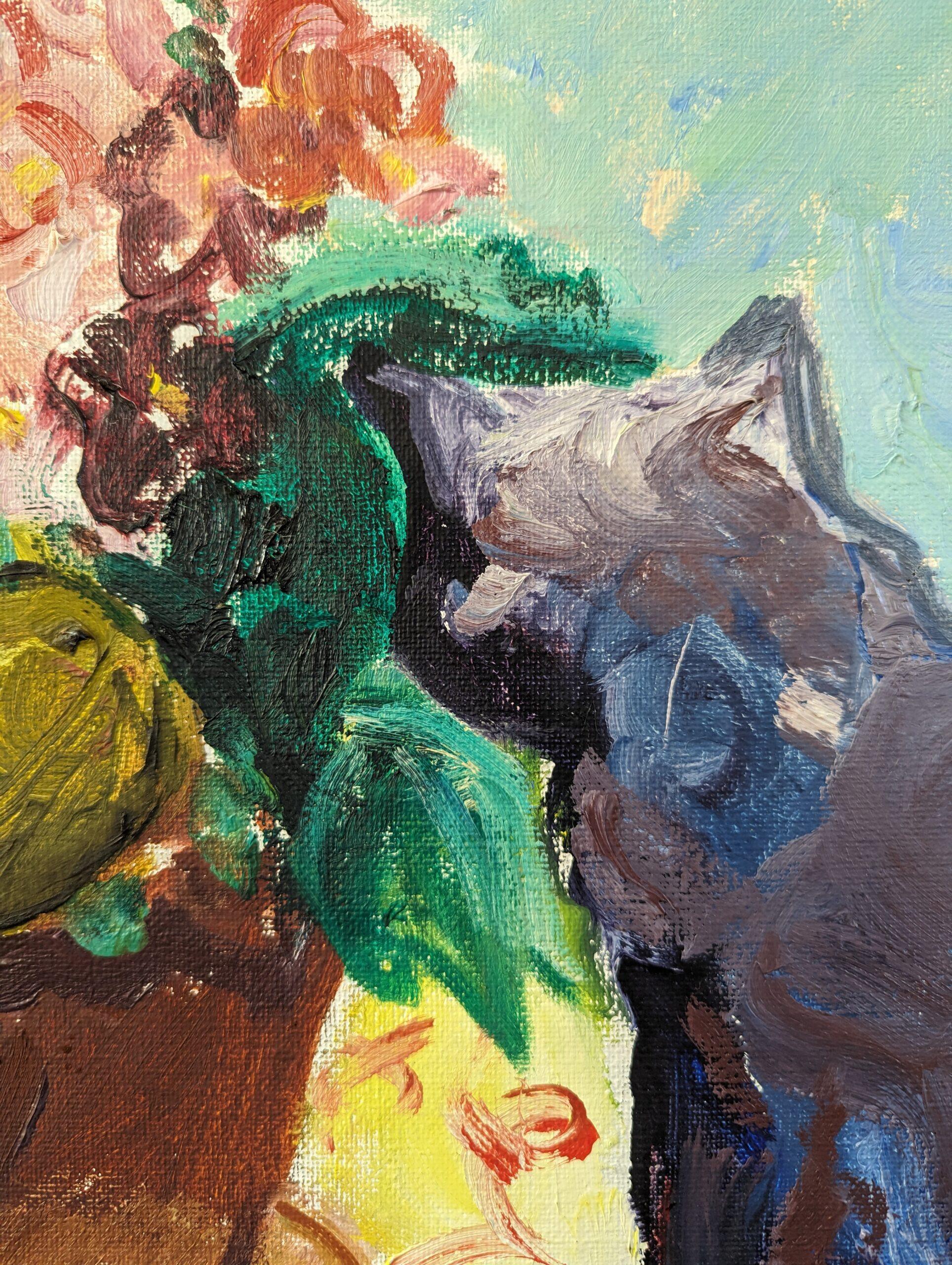 1974 Vintage Mid-Century Interior Scene Cat Oil Painting - The Curious Encounter For Sale 11
