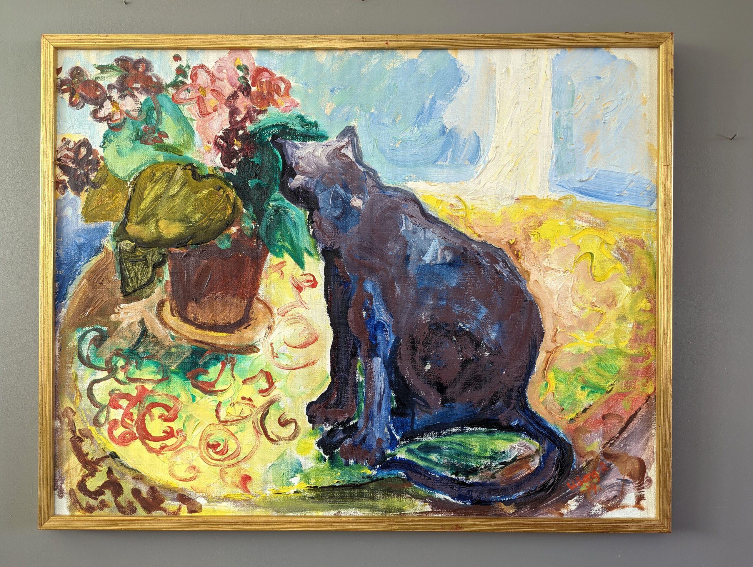 1974 Vintage Mid-Century Interior Scene Cat Oil Painting - The Curious Encounter - Beige Interior Painting by Unknown