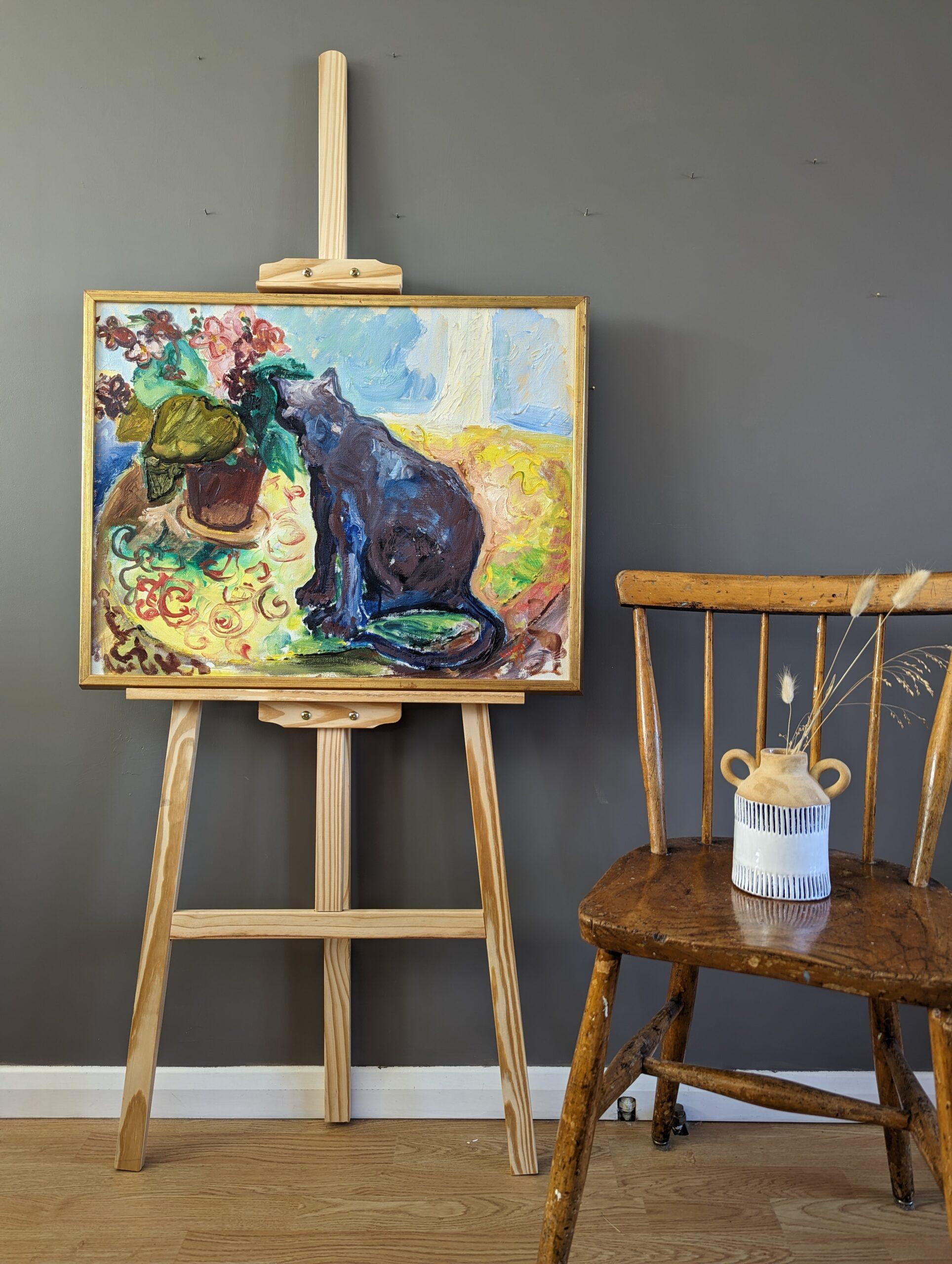 THE CURIOUS ENCOUNTER
Size: 53.5 x 67 cm (including frame)
Oil on Canvas

A striking and lively composition, executed in oil onto canvas and dated 1974.

The canvas bursts with energy and colour, capturing a moment in time where a black cat
