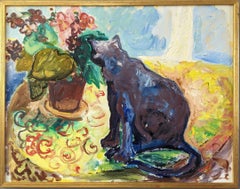 1974 Retro Mid-Century Interior Scene Cat Oil Painting - The Curious Encounter