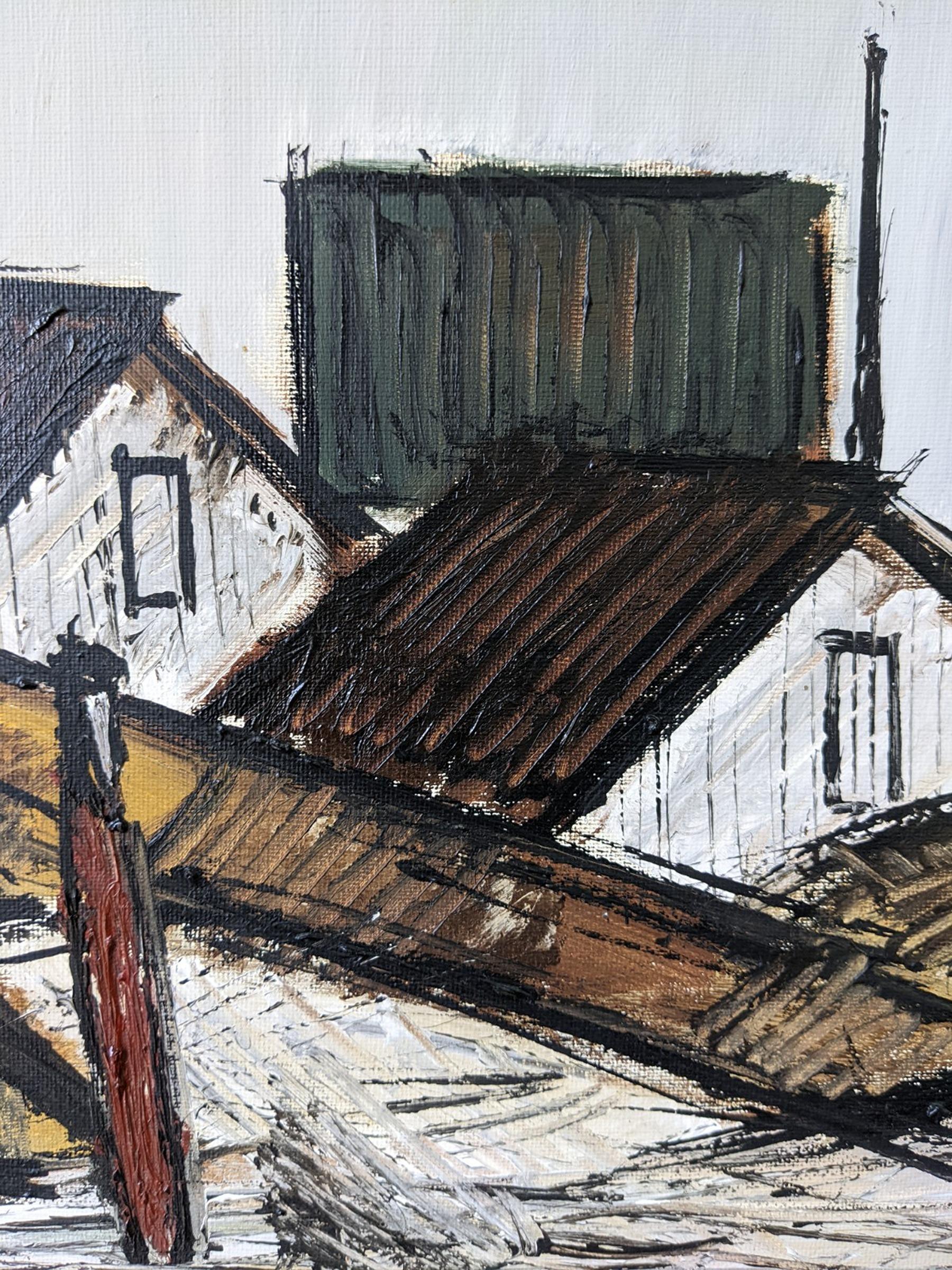 1974 Vintage Swedish Framed Expressionist Oil Painting - Figure by the Houses 8