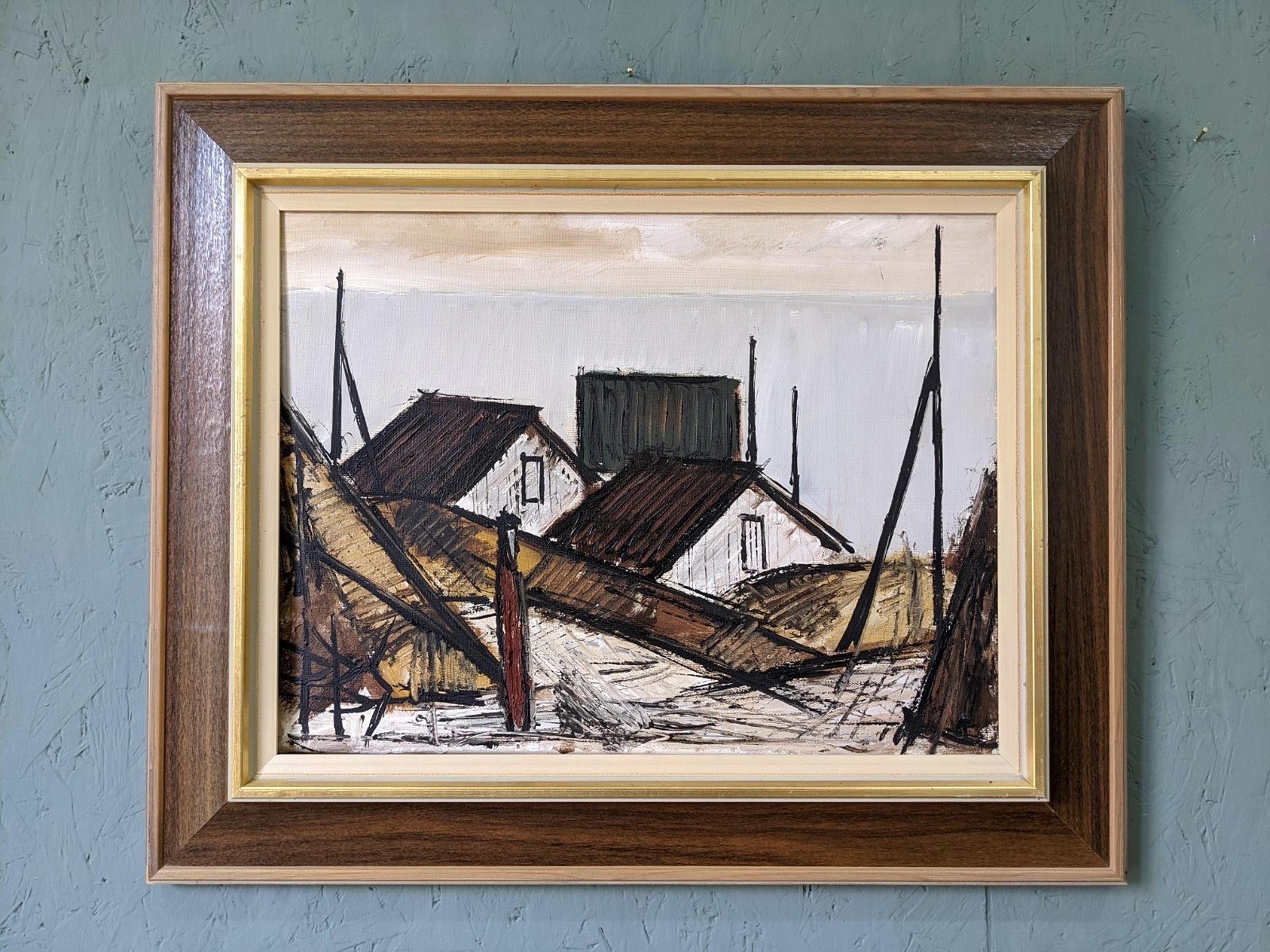 FIGURA DALLE CASE
Dimensioni: 46 x 56 cm (cornice inclusa)
Olio su tela

Una composizione modernista molto sicura e ben eseguita, realizzata a olio su tela e datata 1974 sul retro.

L'artista ha utilizzato una tavolozza sobria e pennellate audaci ed