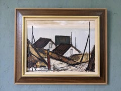 1974 Vintage Swedish Framed Expressionist Oil Painting - Figure by the Houses