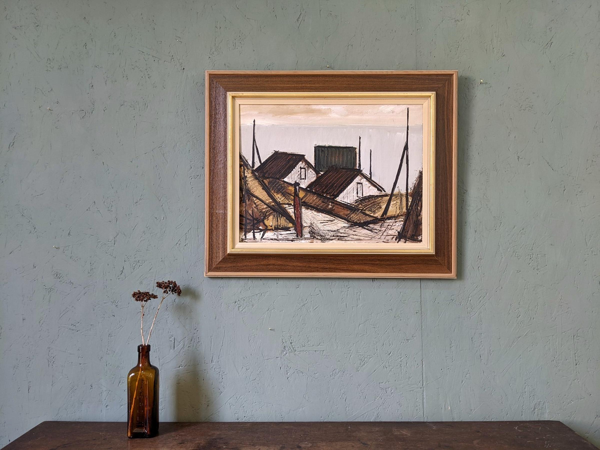 1974 Vintage Swedish Framed Expressionist Oil Painting - Figure by the Houses 1