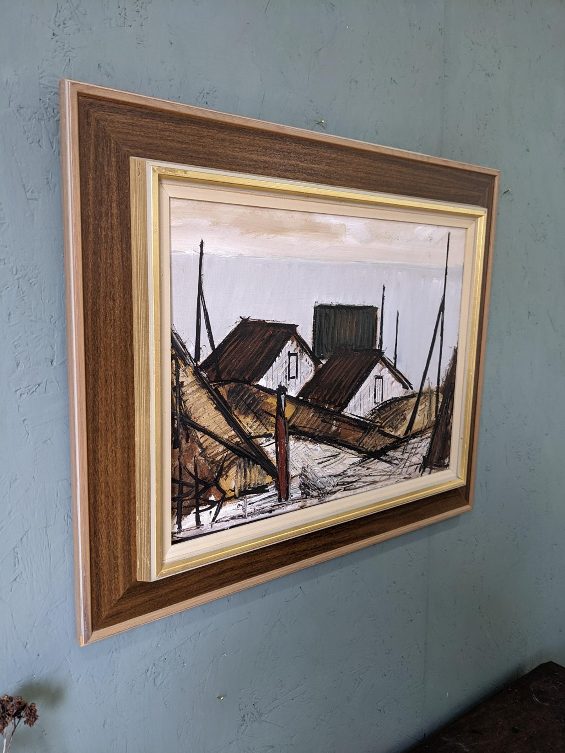 1974 Vintage Swedish Framed Expressionist Oil Painting - Figure by the Houses 2