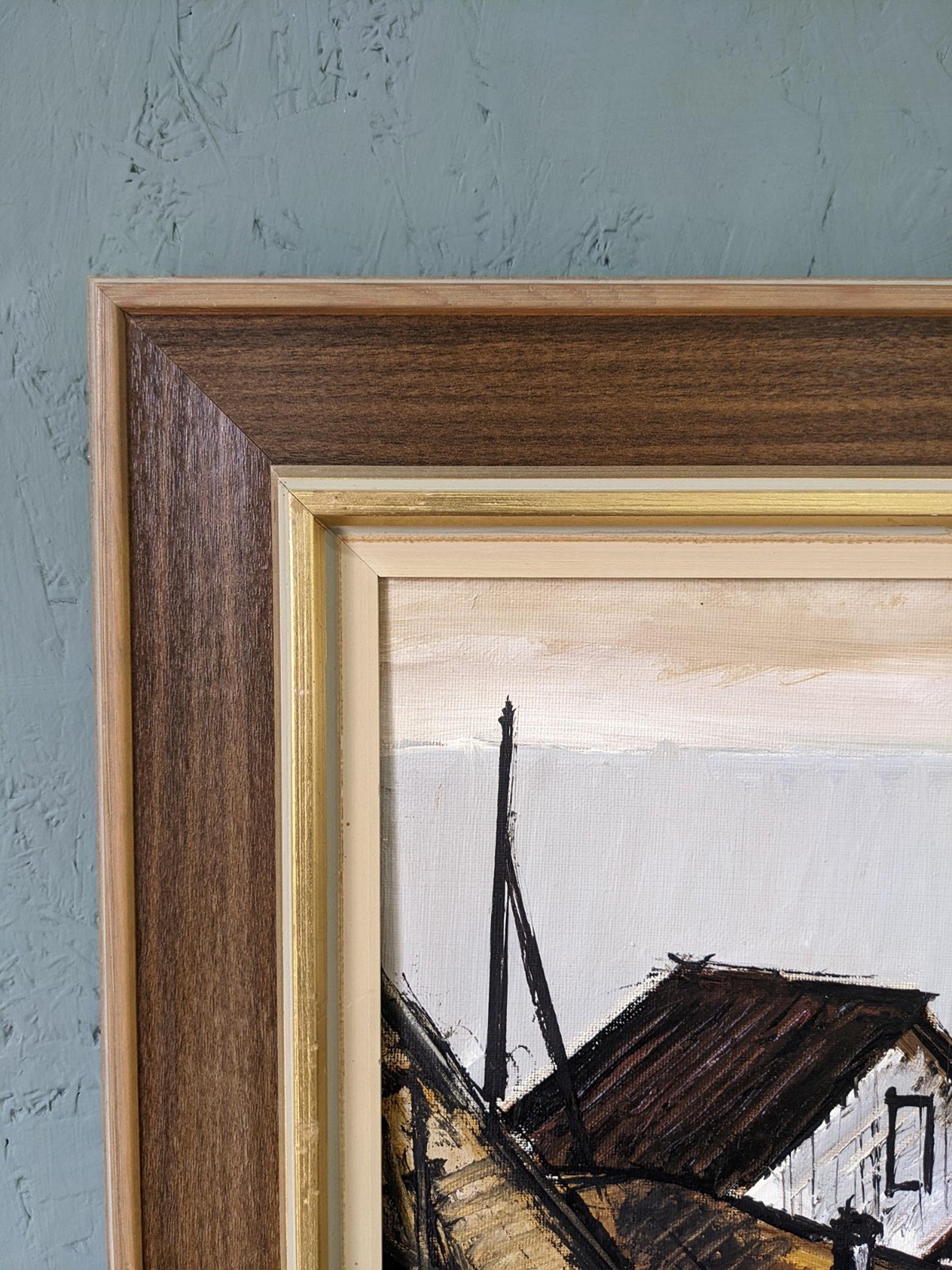 1974 Vintage Swedish Framed Expressionist Oil Painting - Figure by the Houses 3