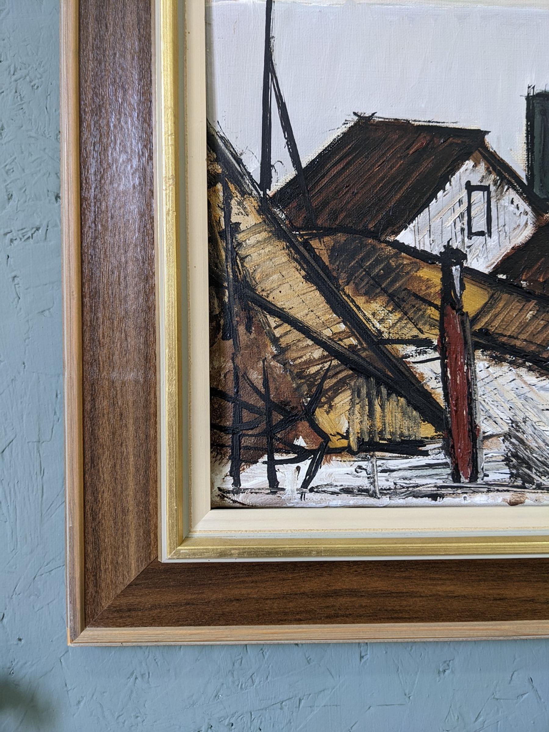 1974 Vintage Swedish Framed Expressionist Oil Painting - Figure by the Houses 4