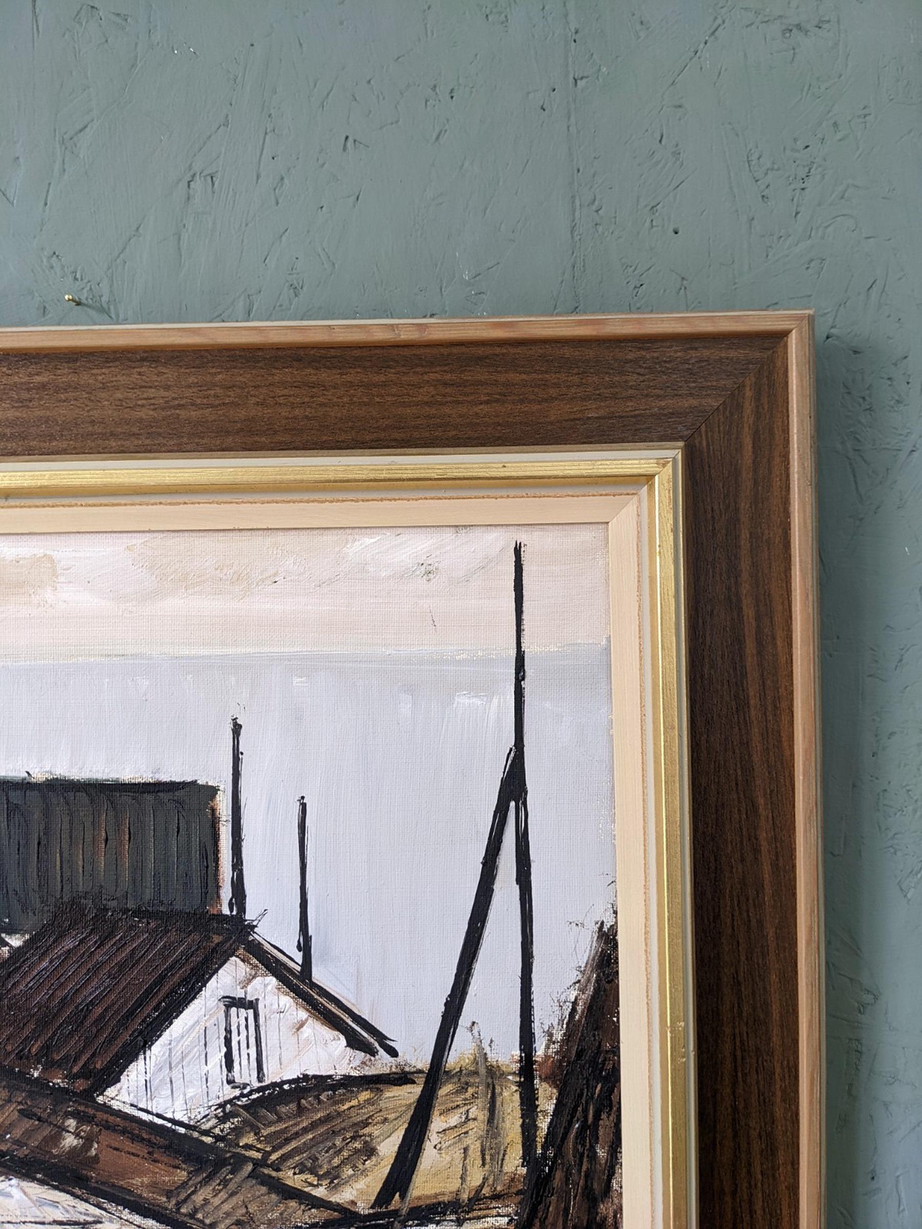 1974 Vintage Swedish Framed Expressionist Oil Painting - Figure by the Houses 5