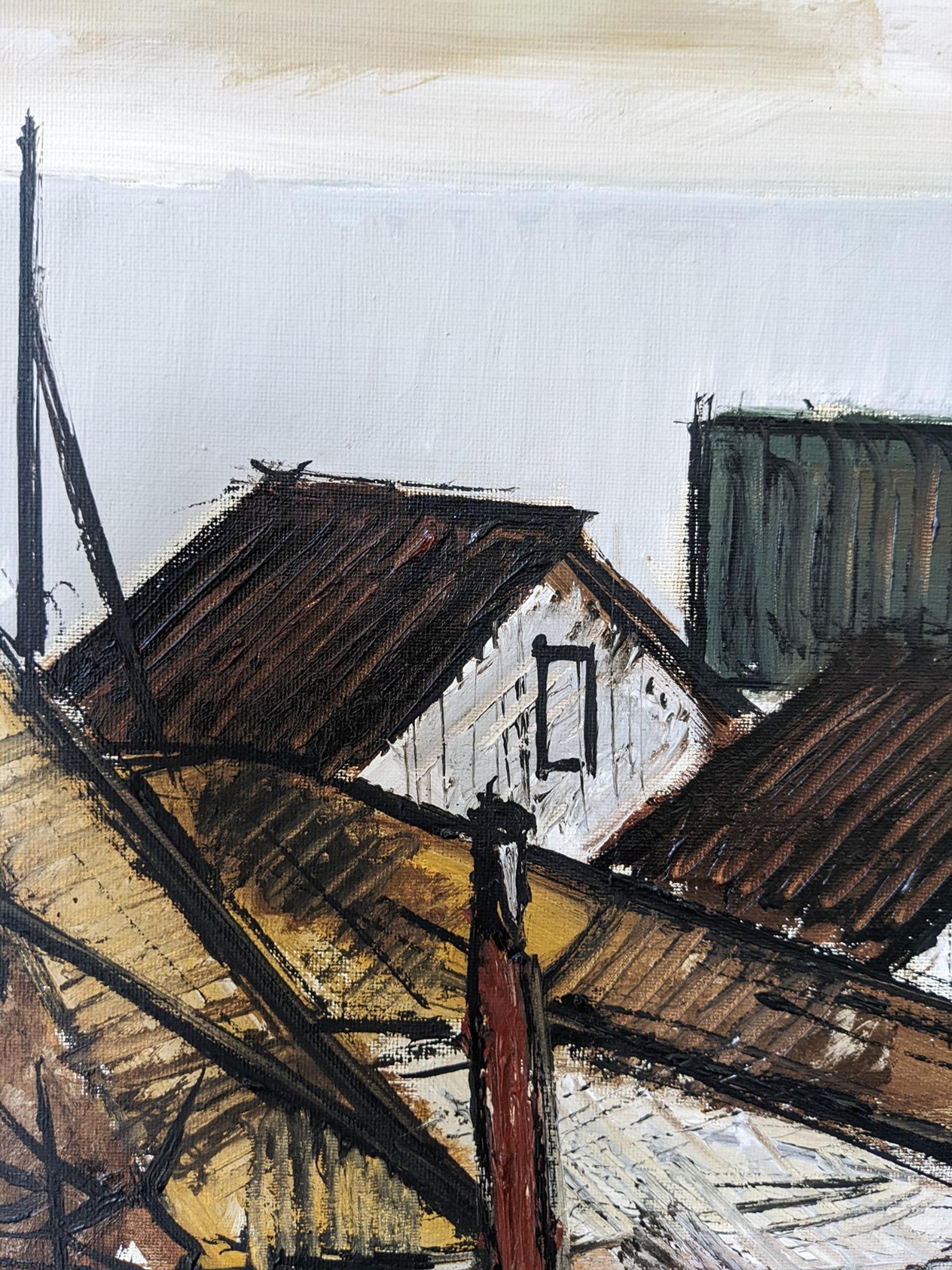 1974 Vintage Swedish Framed Expressionist Oil Painting - Figure by the Houses 7