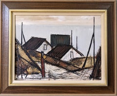 1974 Vintage Swedish Framed Expressionist Oil Painting - Figure by the Houses