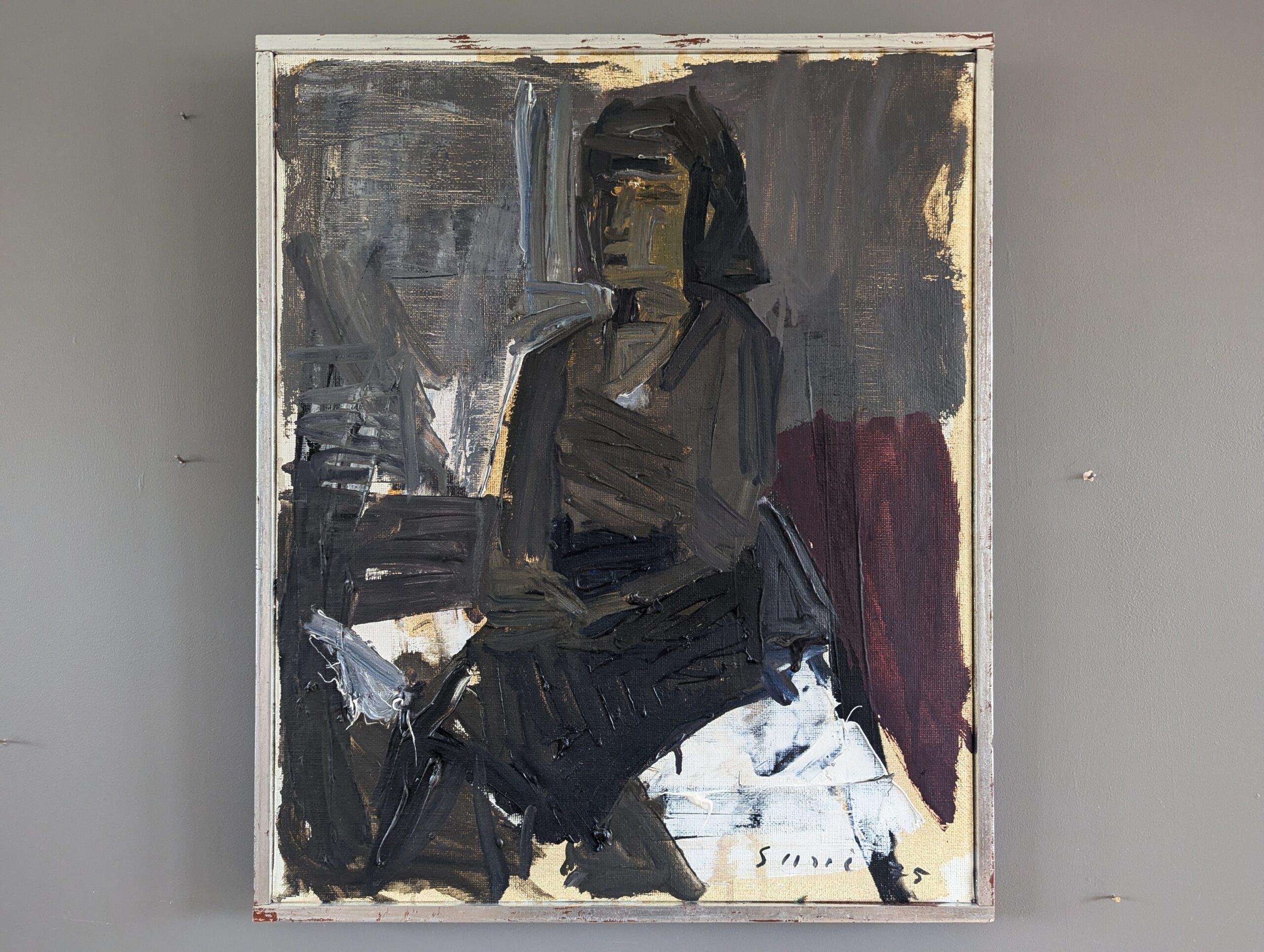 1975 Pittura ad olio ritratto semi-astratto modernista - Figura al buio - Painting di Unknown
