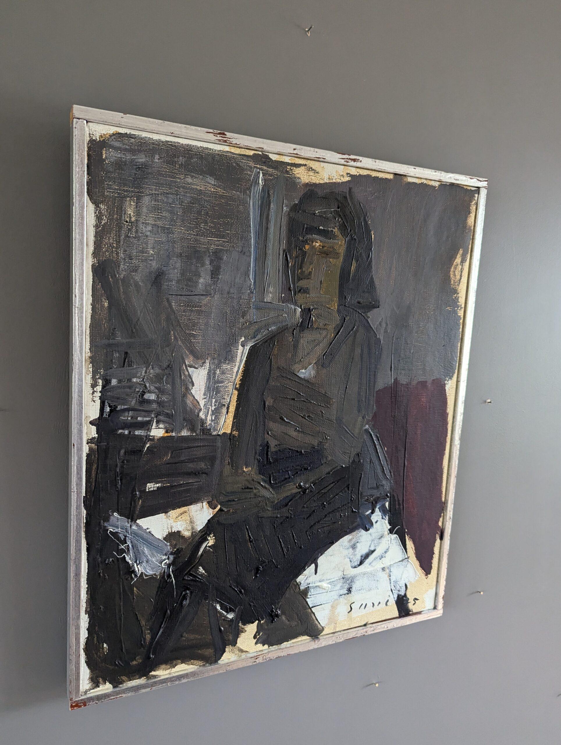 1975 Pittura ad olio ritratto semi-astratto modernista - Figura al buio - Painting Moderno di Unknown