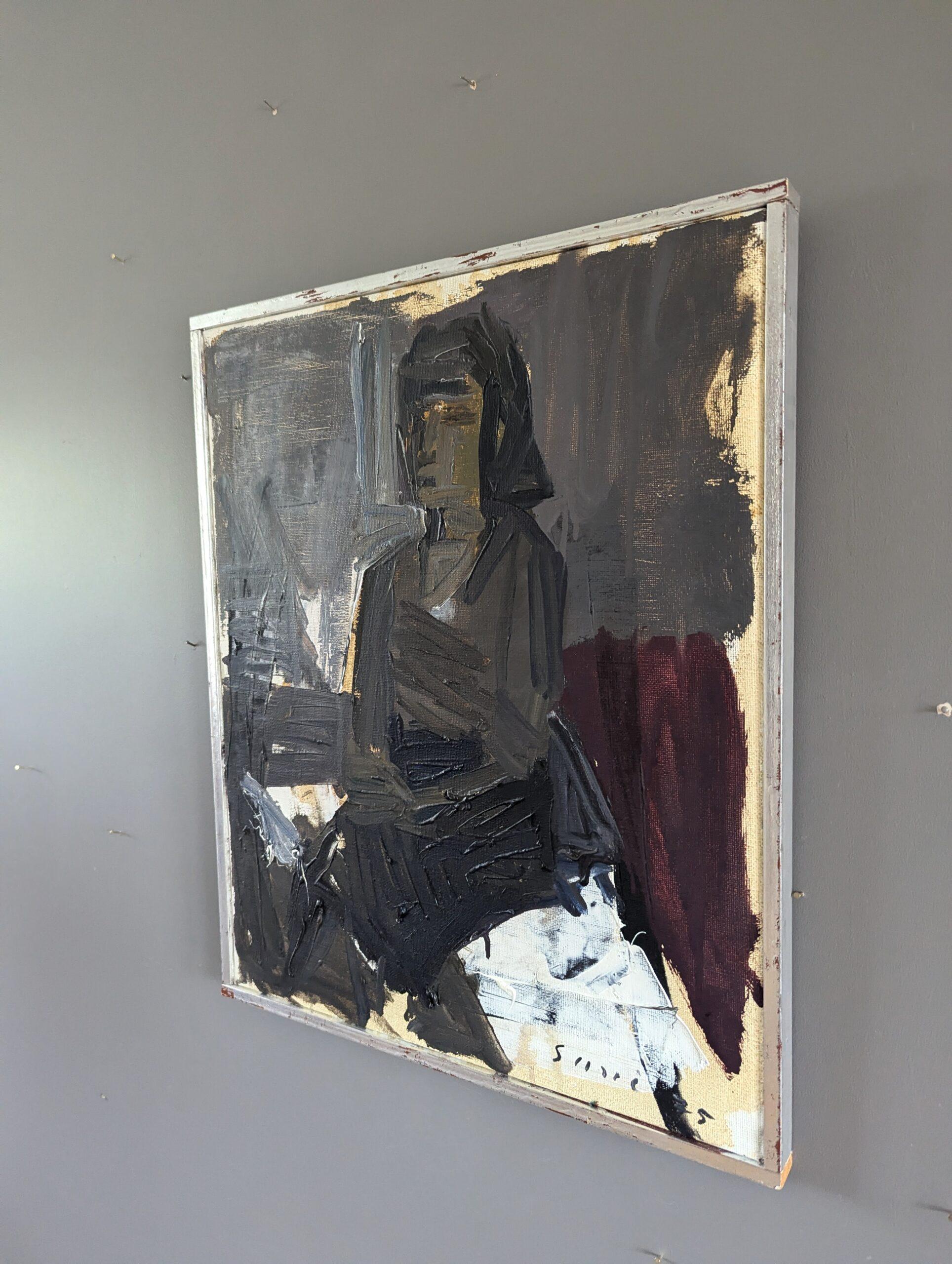 1975 Pittura ad olio ritratto semi-astratto modernista - Figura al buio - Portrait Painting Nero di Unknown