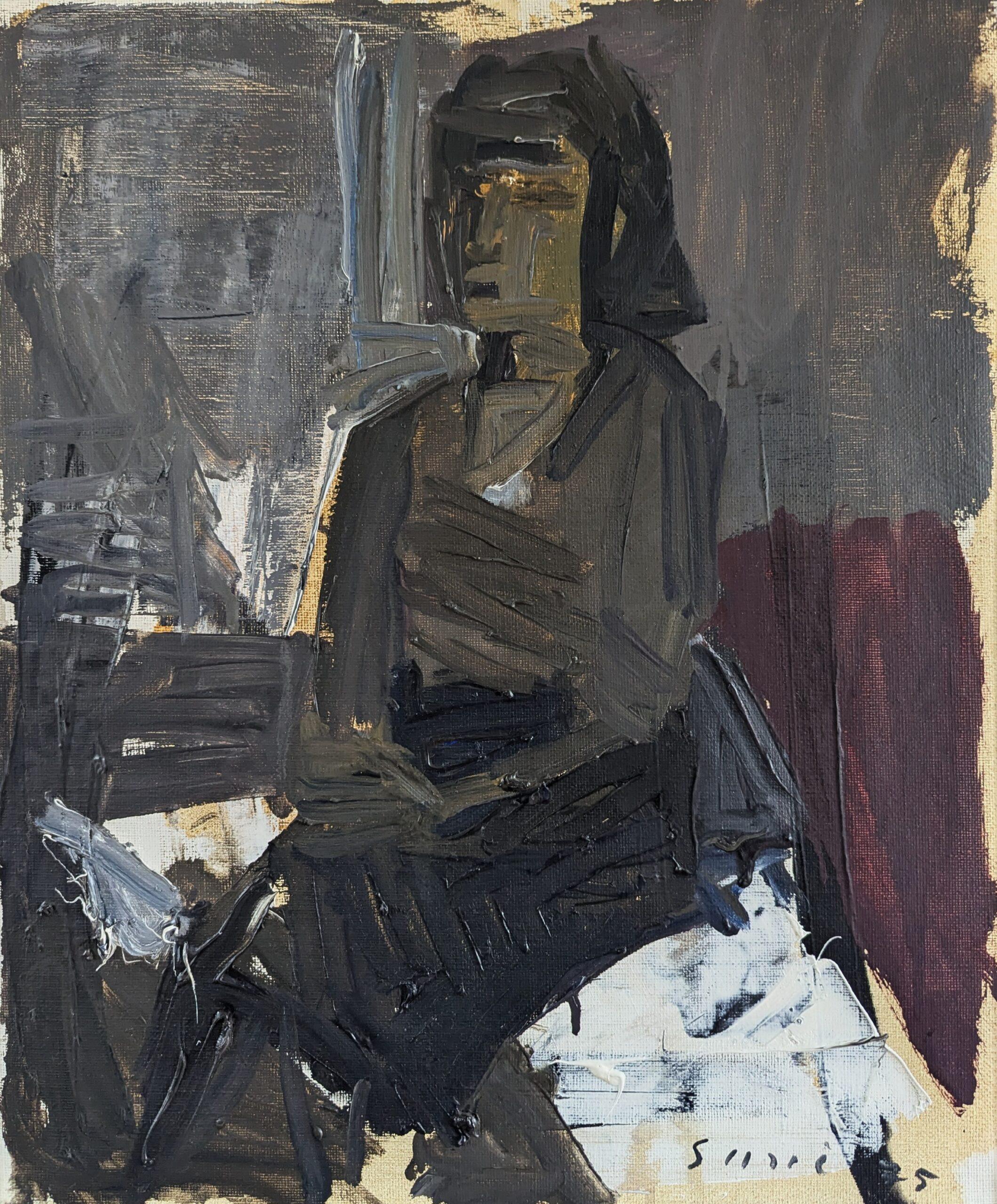 1975 Pittura ad olio ritratto semi-astratto modernista - Figura al buio in vendita 1
