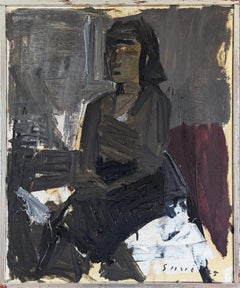 1975 Pittura ad olio ritratto semi-astratto modernista - Figura al buio
