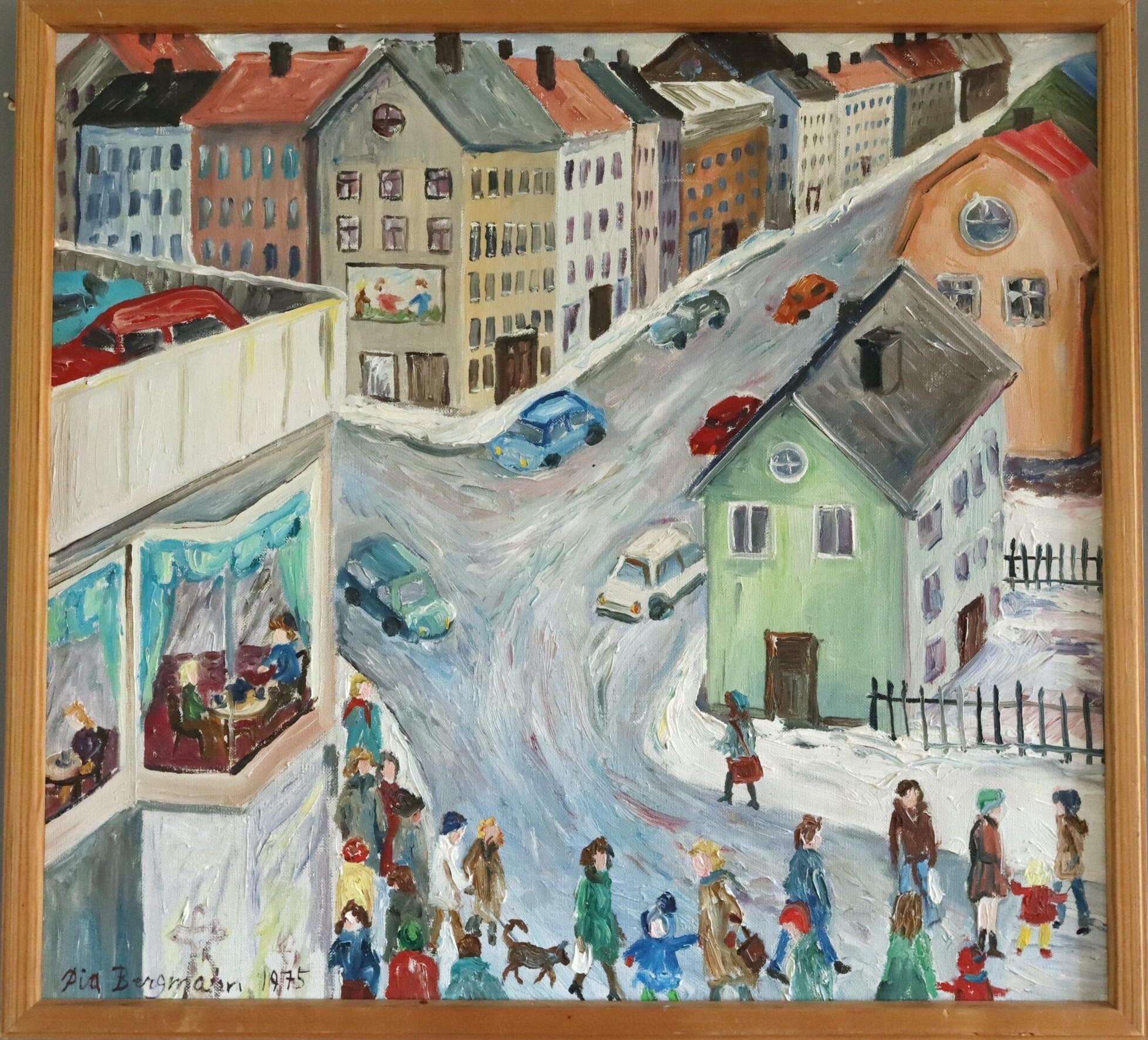 1975 Modernistische schwedische Straßenszene im naiven Stil Ölgemälde - Winter Corner