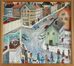 1975 Modernist Swedish Naïve Style Street Scene Oil Painting - Winter Corner