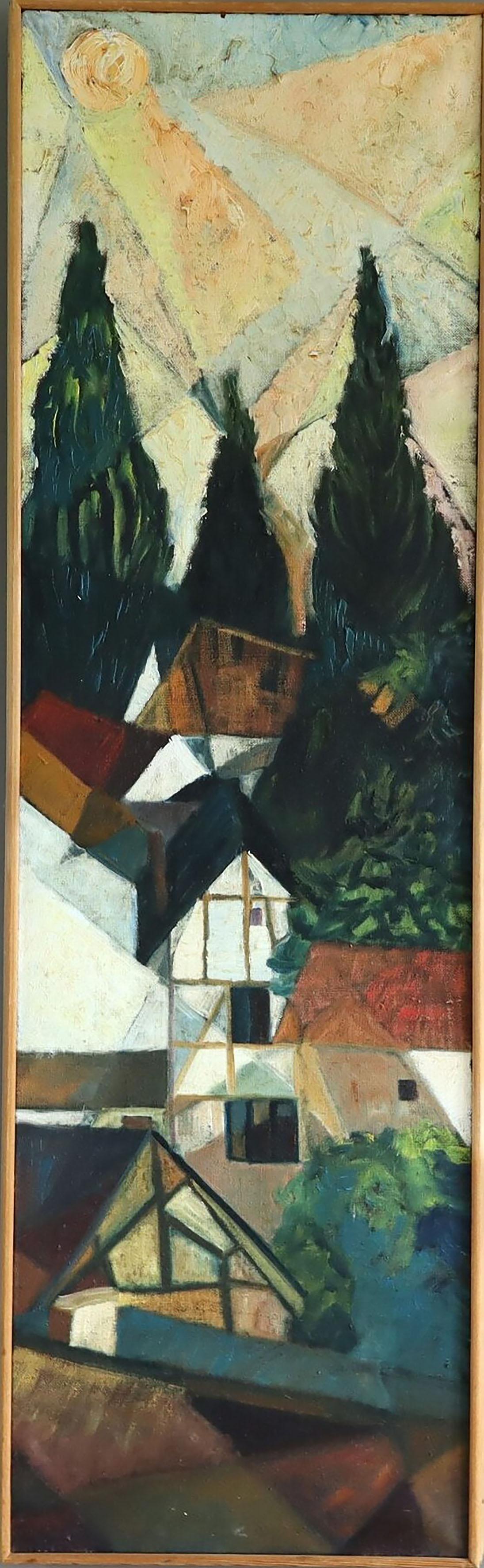 Pintura al óleo original sueca de 1975, de estilo modernista: «Laderas cubistas»