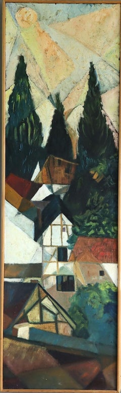 1975 Modernist Swedish Original Landscape Oil Painting - Cubist HIllside