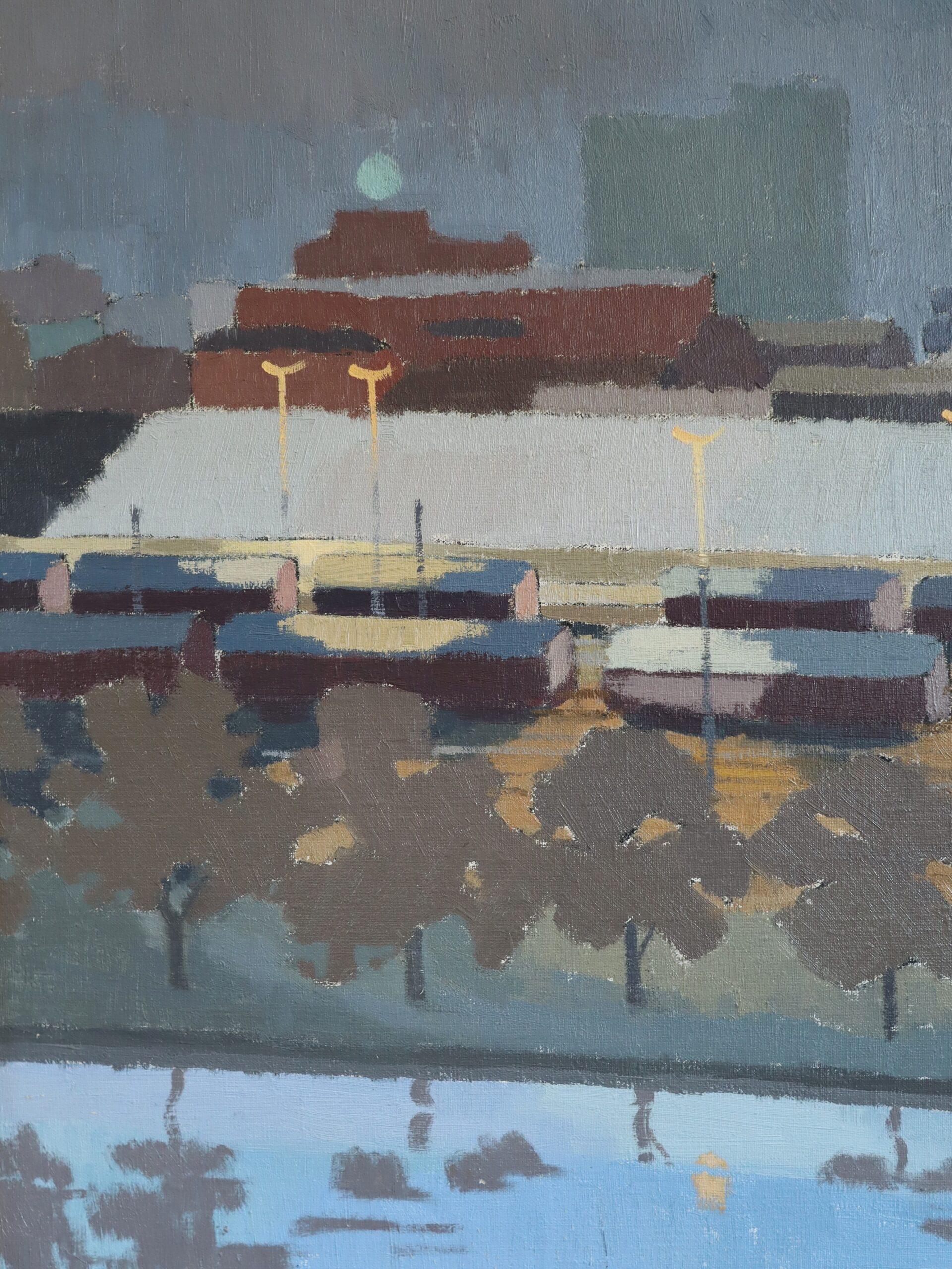 1975 Modernist Vintage Original Cityscape Oil Painting - The Rail Yard at Dusk (La gare de triage au crépuscule) en vente 9