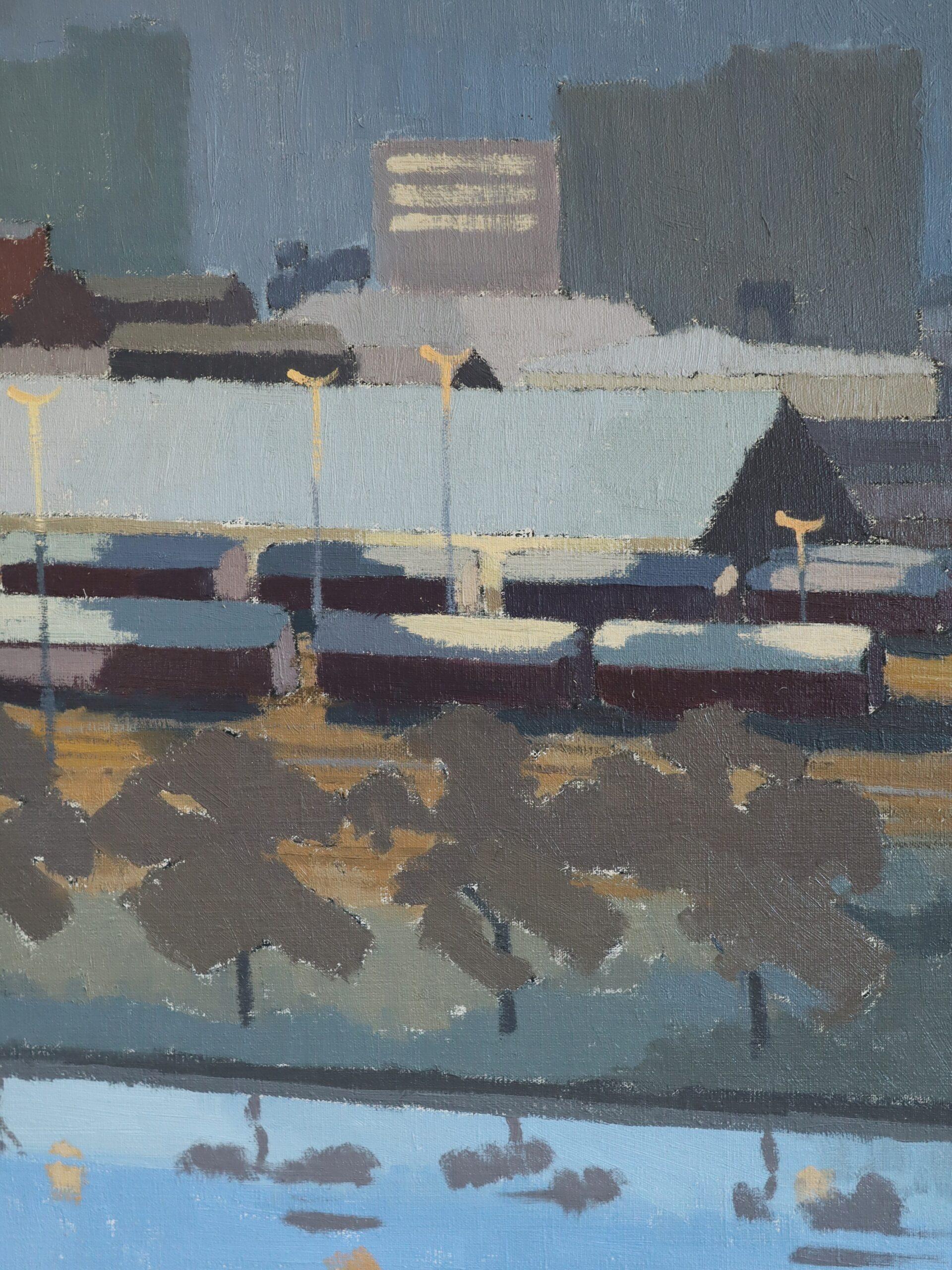 1975 Modernist Vintage Original Cityscape Oil Painting - The Rail Yard at Dusk (La gare de triage au crépuscule) en vente 10
