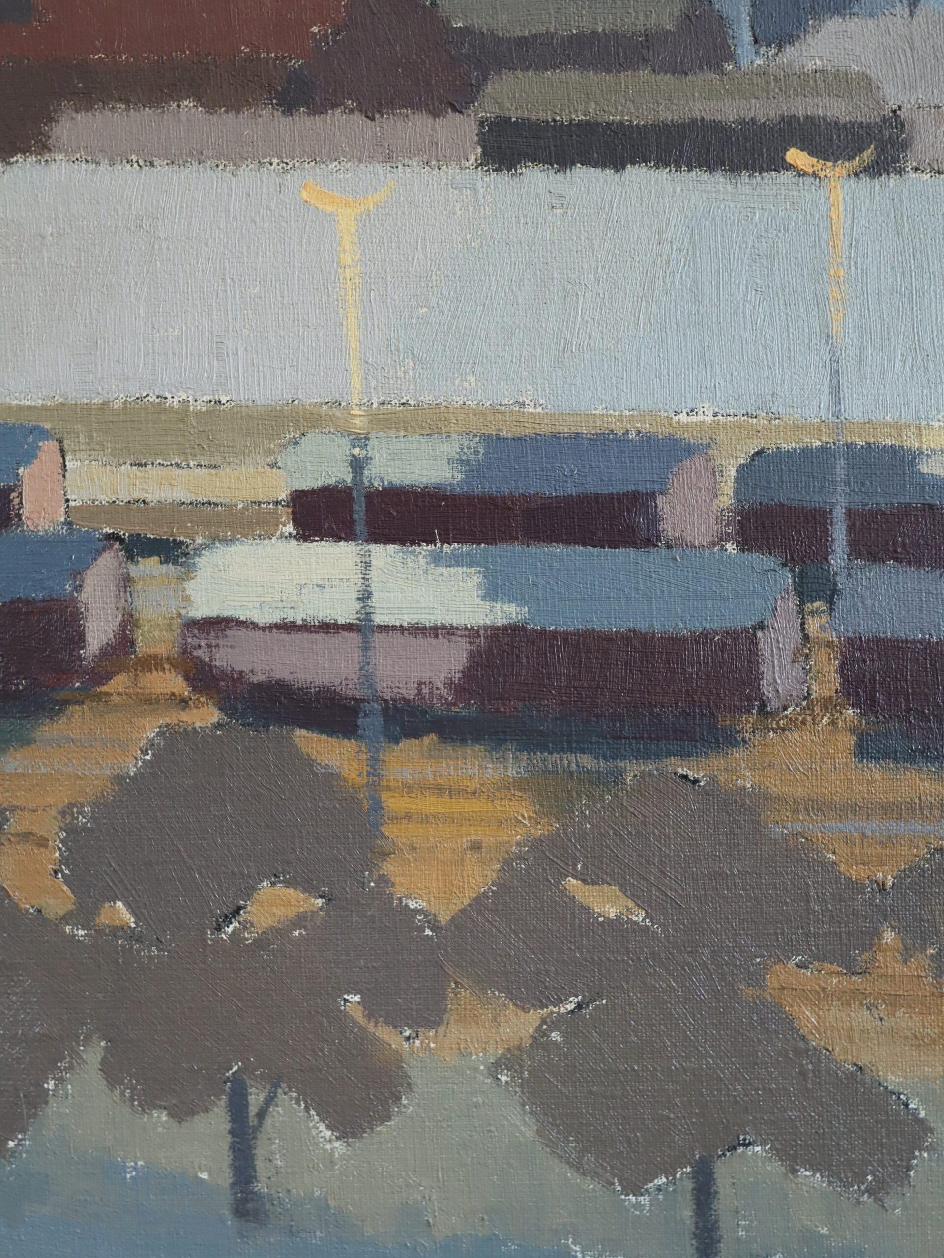 1975 Modernist Vintage Original Cityscape Oil Painting - The Rail Yard at Dusk (La gare de triage au crépuscule) en vente 11