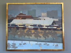 1975 Modernist Vintage Original Cityscape Oil Painting - The Rail Yard at Dusk