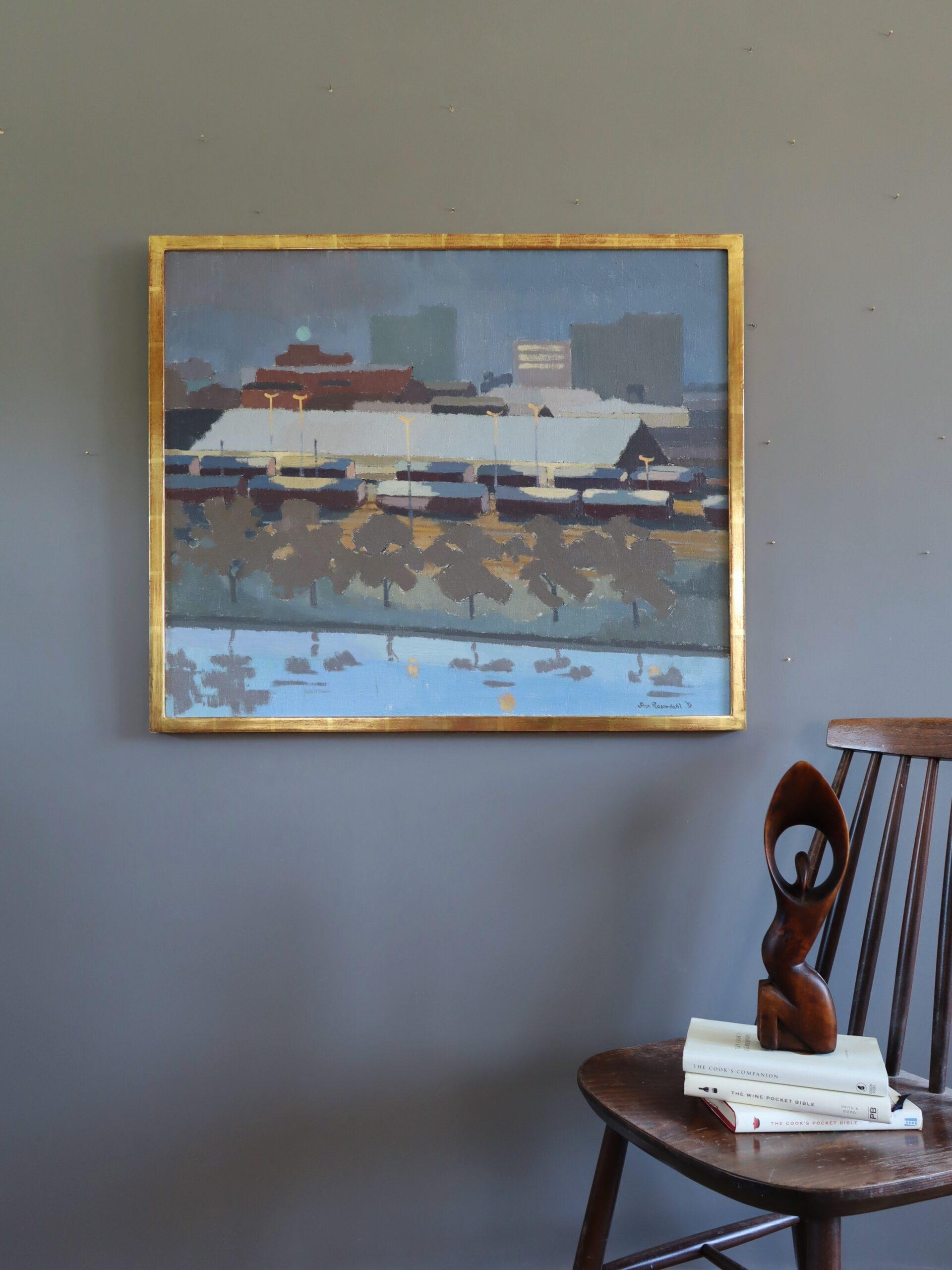 1975 Modernist Vintage Original Cityscape Oil Painting - The Rail Yard at Dusk (La gare de triage au crépuscule) en vente 2