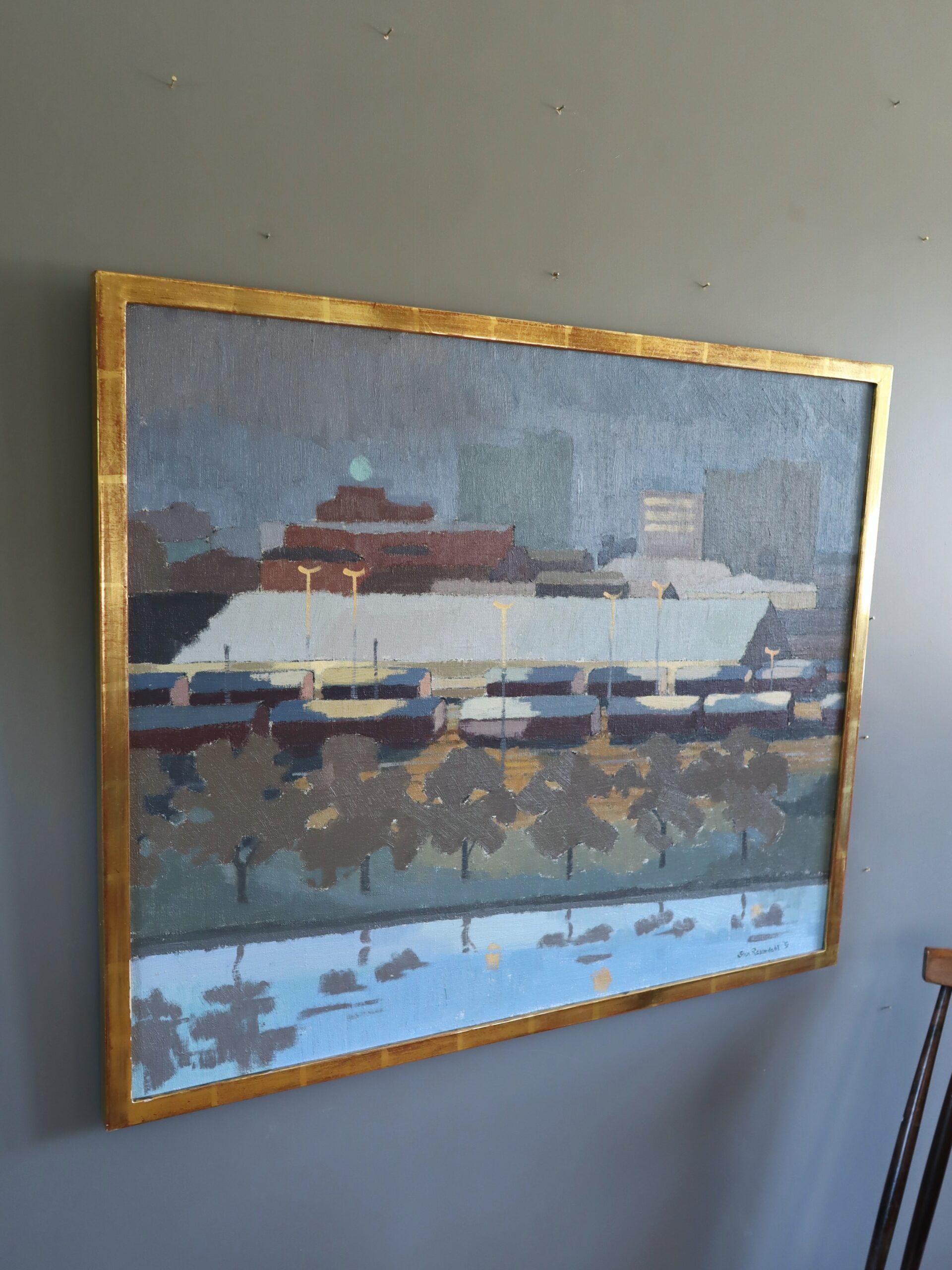 1975 Modernist Vintage Original Cityscape Oil Painting - The Rail Yard at Dusk (La gare de triage au crépuscule) en vente 3