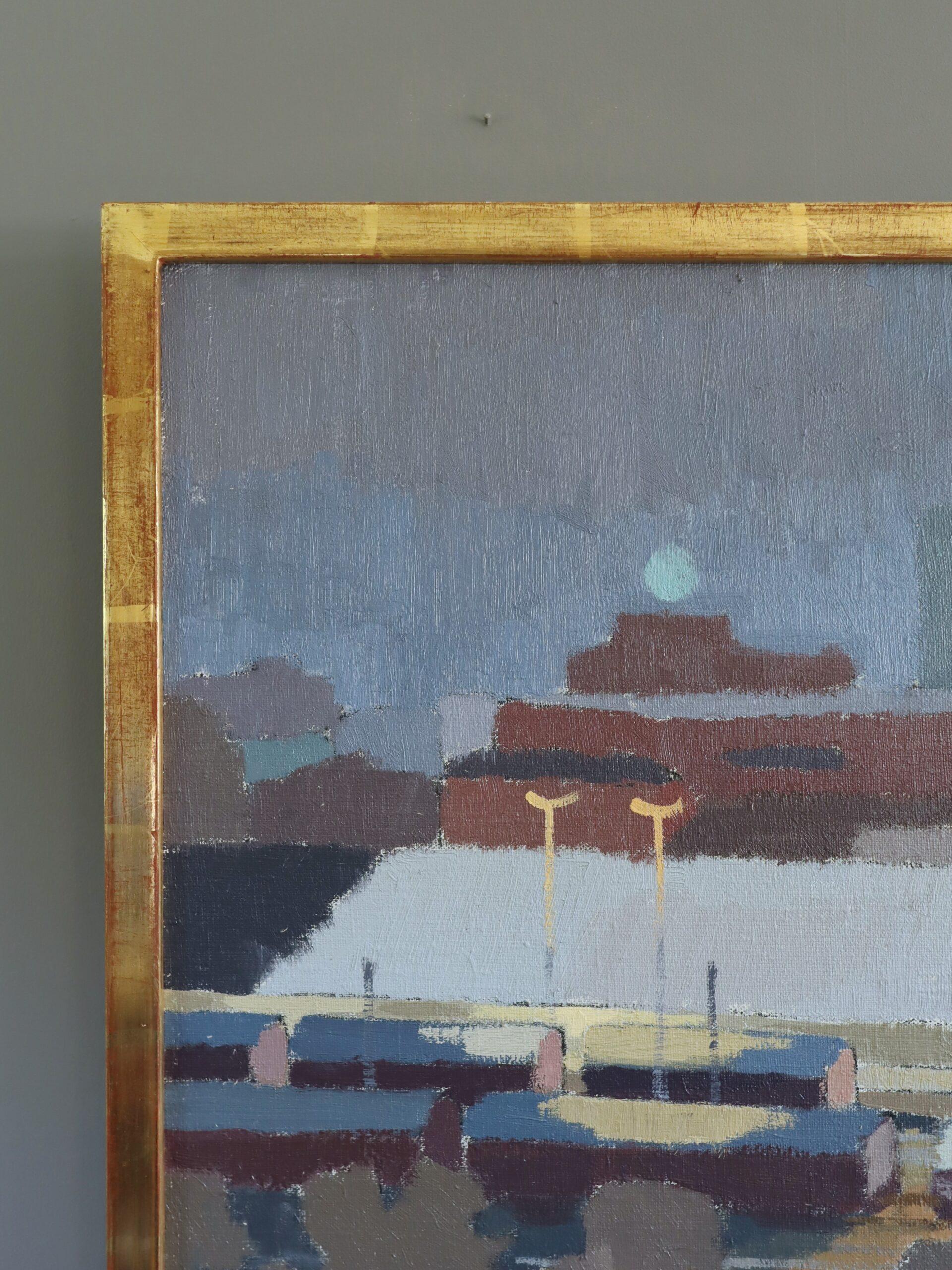 1975 Modernist Vintage Original Cityscape Oil Painting - The Rail Yard at Dusk (La gare de triage au crépuscule) en vente 5