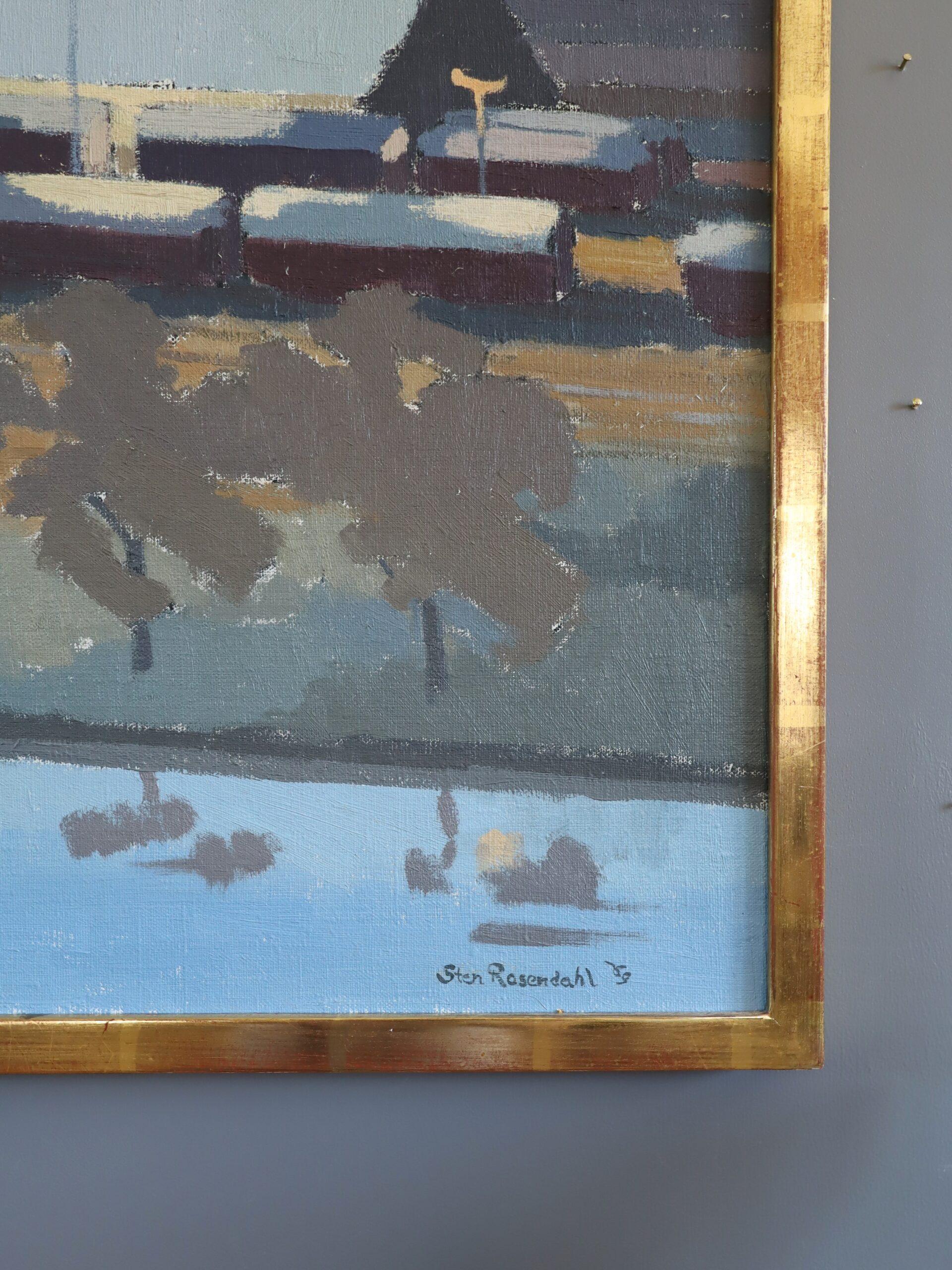 1975 Modernist Vintage Original Cityscape Oil Painting - The Rail Yard at Dusk (La gare de triage au crépuscule) en vente 6