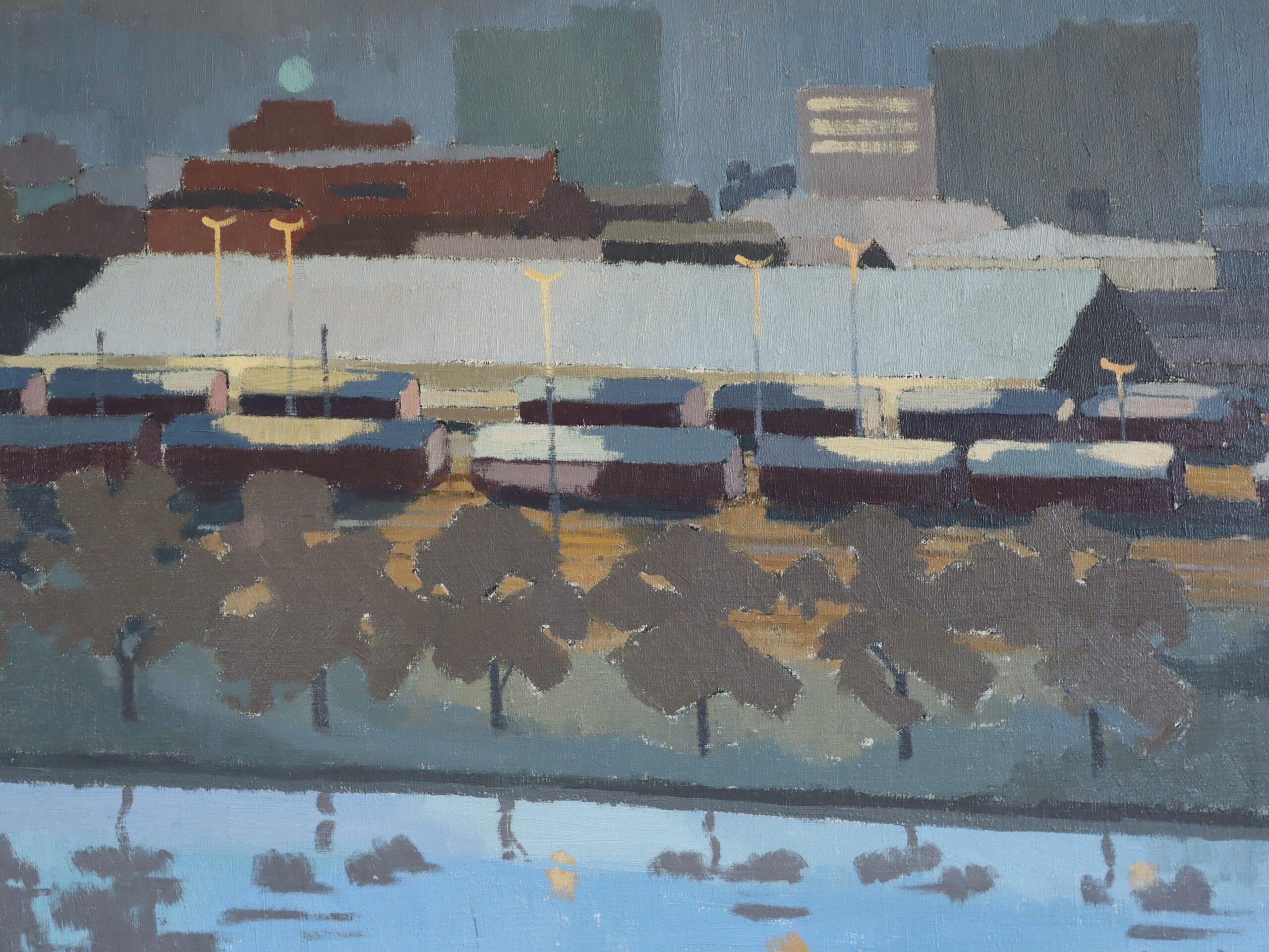 1975 Modernist Vintage Original Cityscape Oil Painting - The Rail Yard at Dusk (La gare de triage au crépuscule) en vente 8