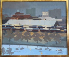 1975 Modernist Vintage Original Cityscape Oil Painting - The Rail Yard at Dusk