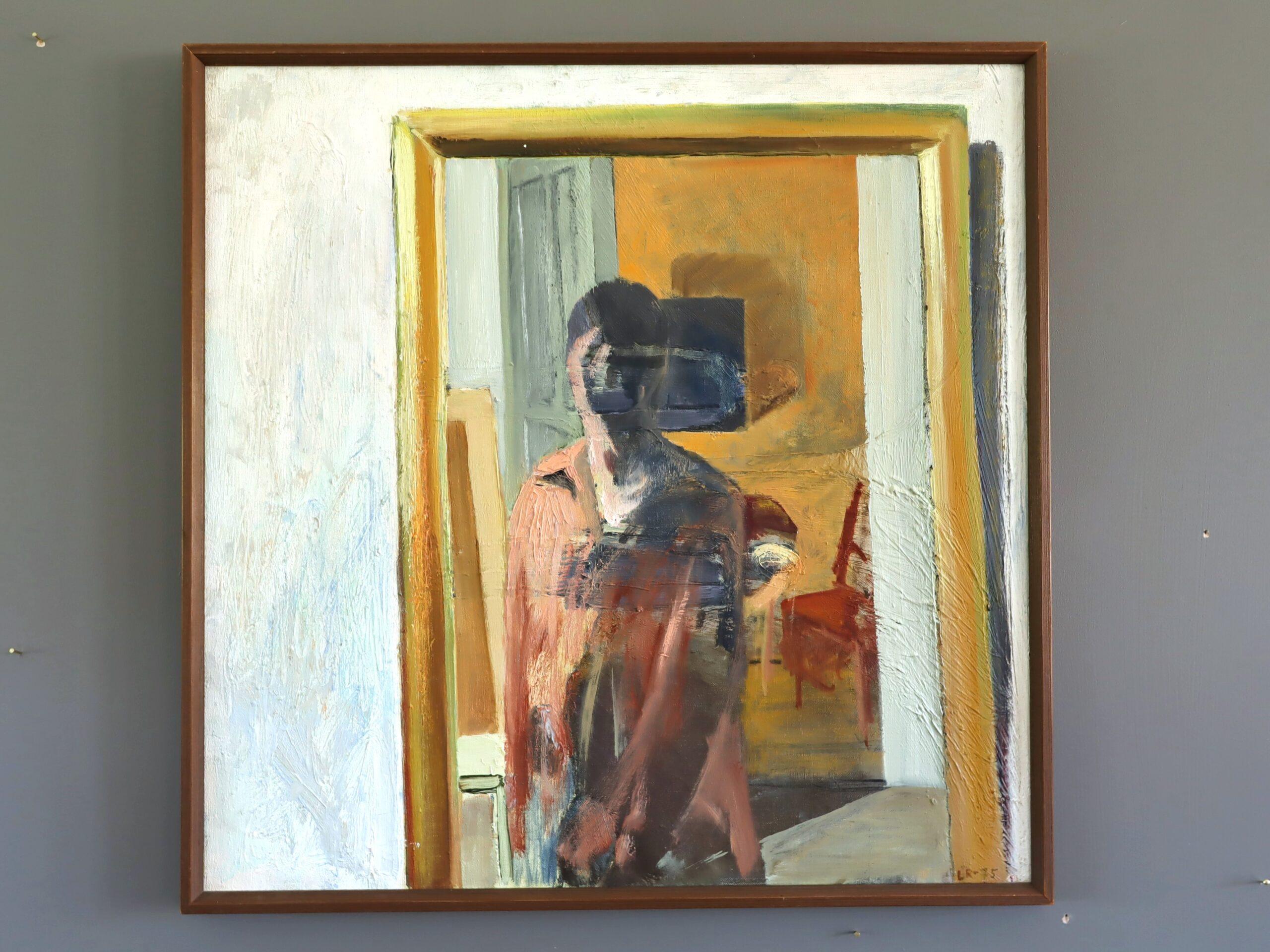 1975 Modernist Vintage Original Figurative Oil Painting - What the Mirror Saw - Brown Figurative Painting by Unknown