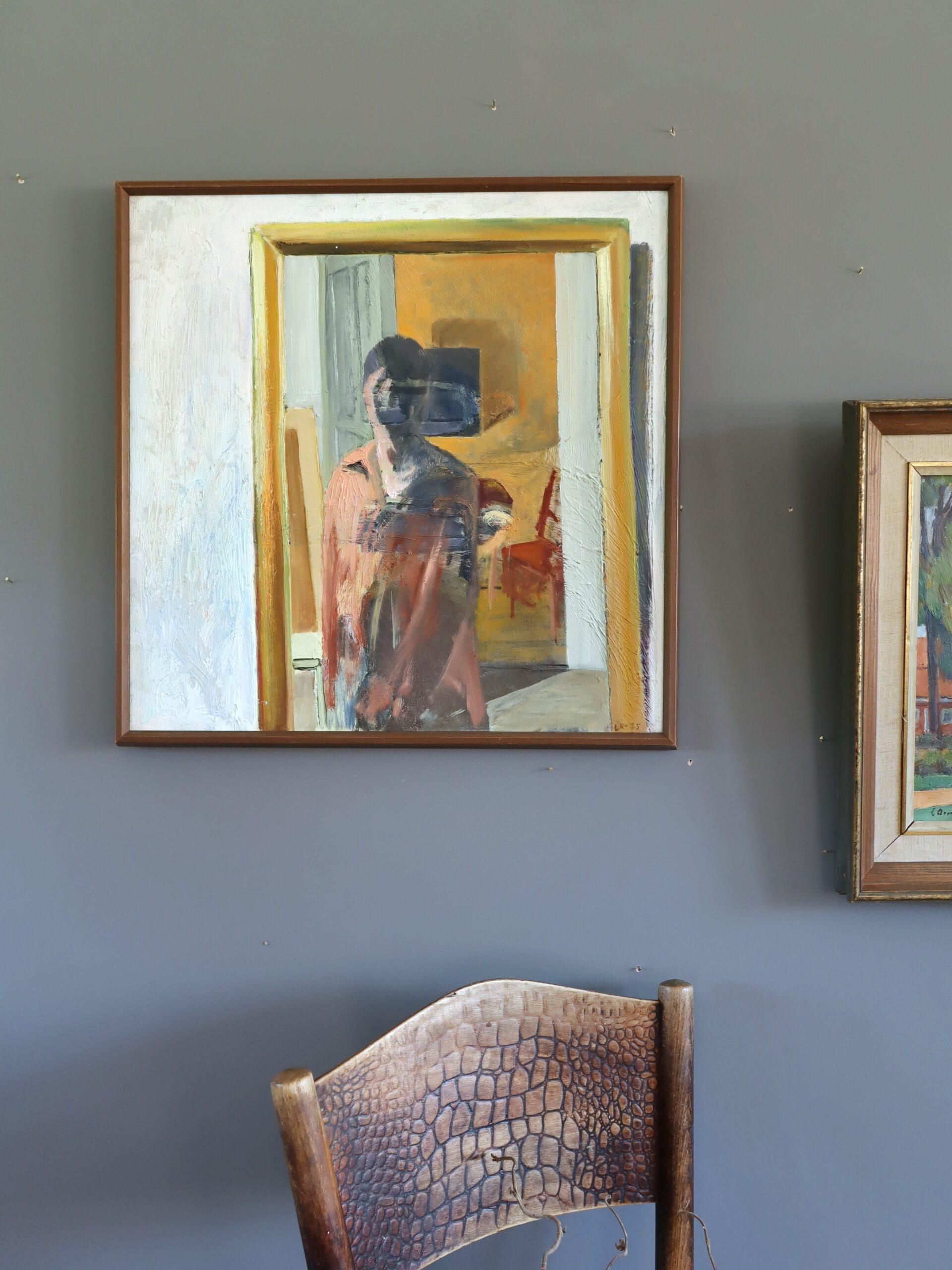 WHAT THE MIRROR SAW
Size: 53 x 52.5 cm (including frame)
Oil on canvas

A quietly arresting figurative painting that captures a fleeting, introspective moment seen through a reflection of a mirror, executed in oil onto canvas and dated 1975.

A
