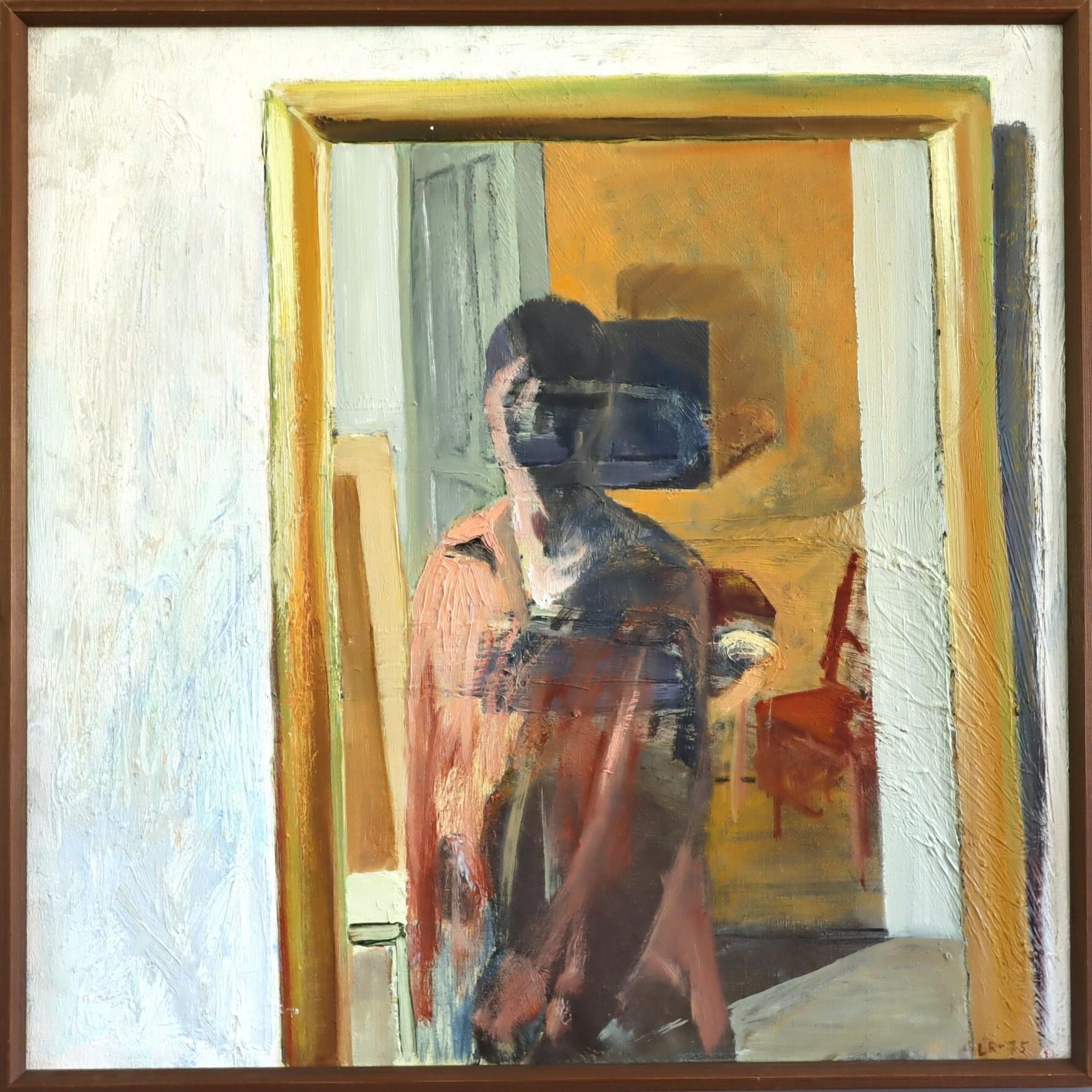1975 Pittura ad olio figurativa originale modernista d'epoca - Ciò che lo specchio vide