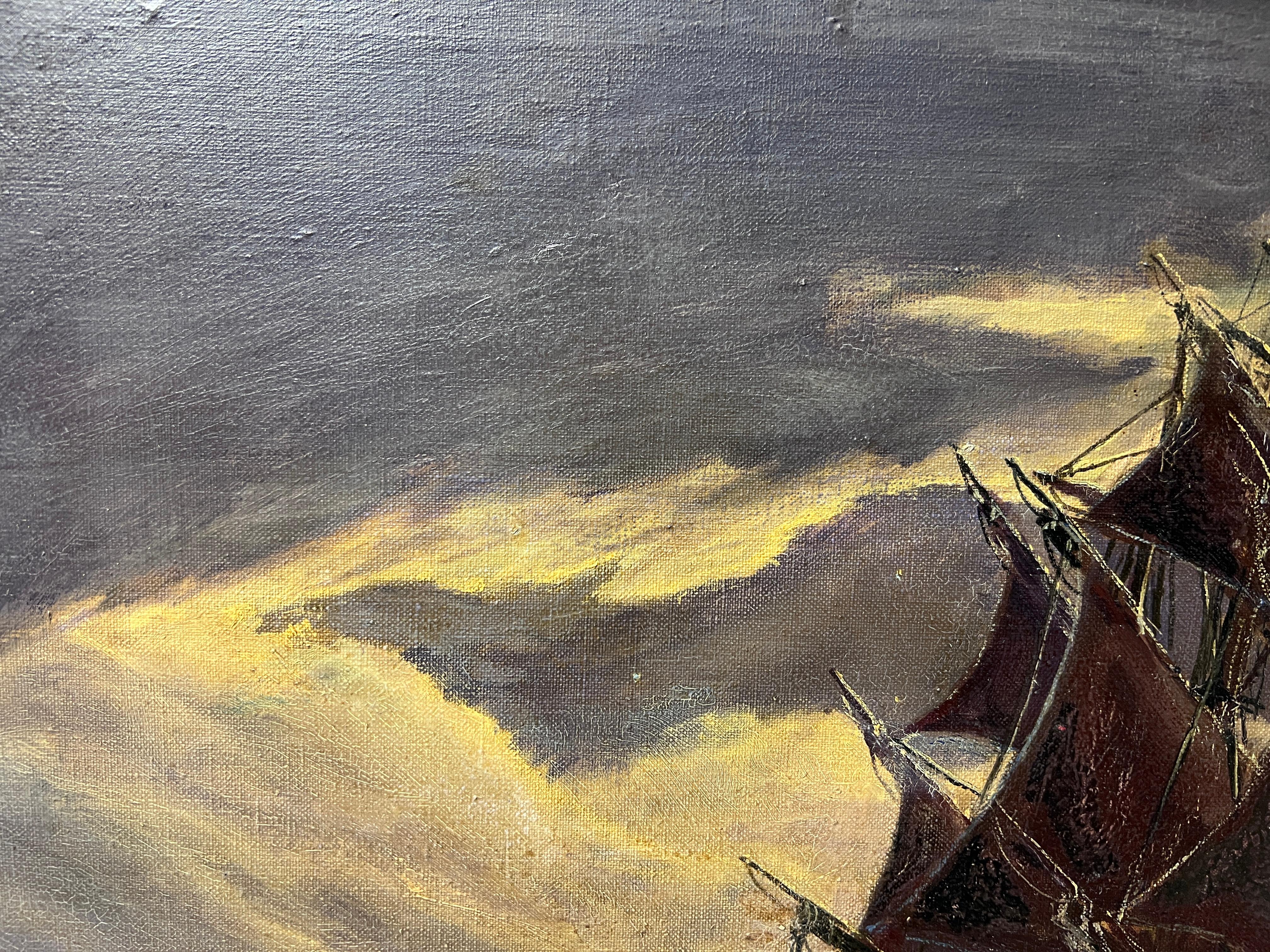 1975 Vintage-Ölgemälde auf Leinwand, Meereslandschaft, Segelschiff, signiert, gerahmt im Angebot 6
