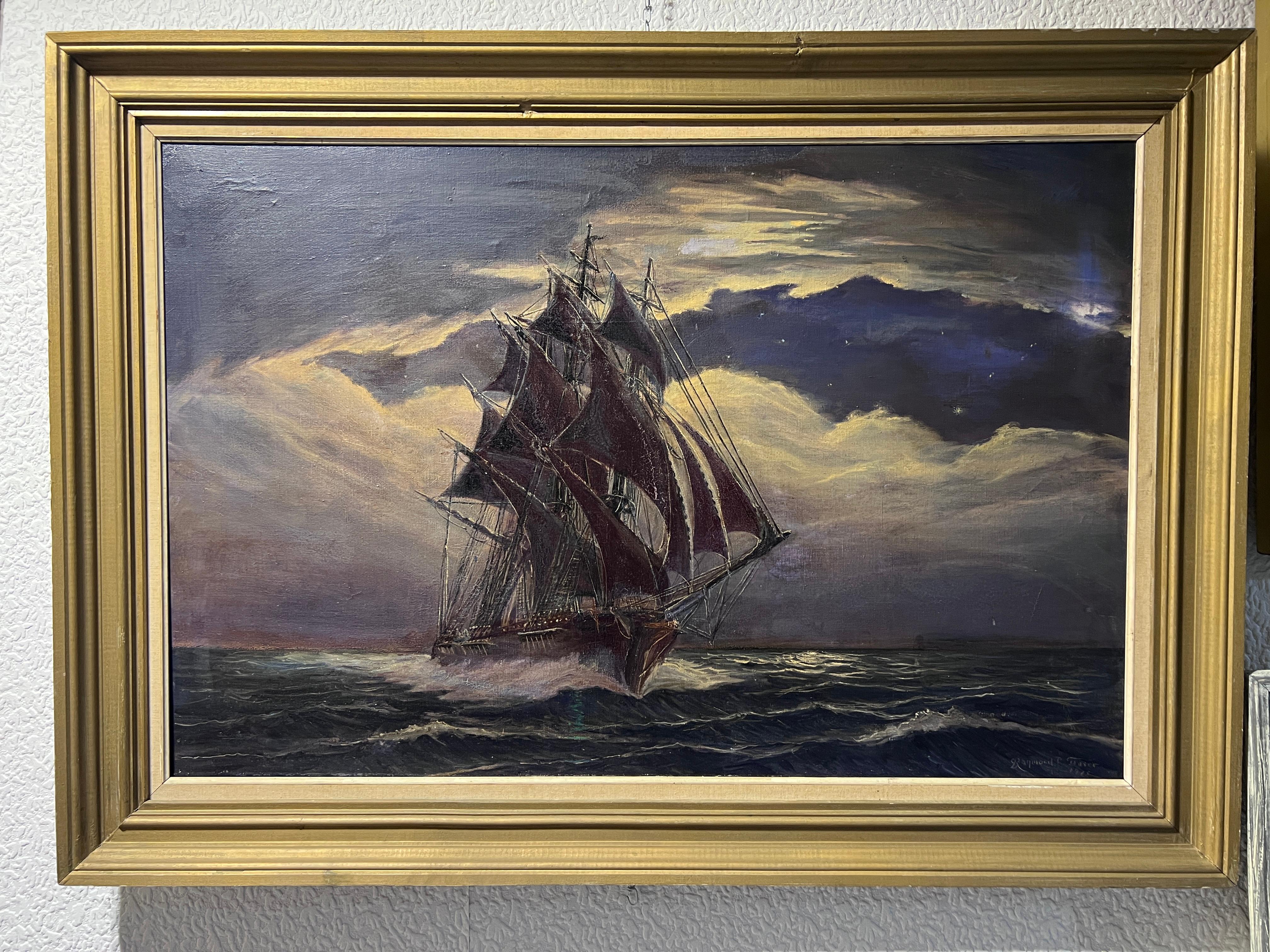 1975 Vintage-Ölgemälde auf Leinwand, Meereslandschaft, Segelschiff, signiert, gerahmt – Painting von Unknown