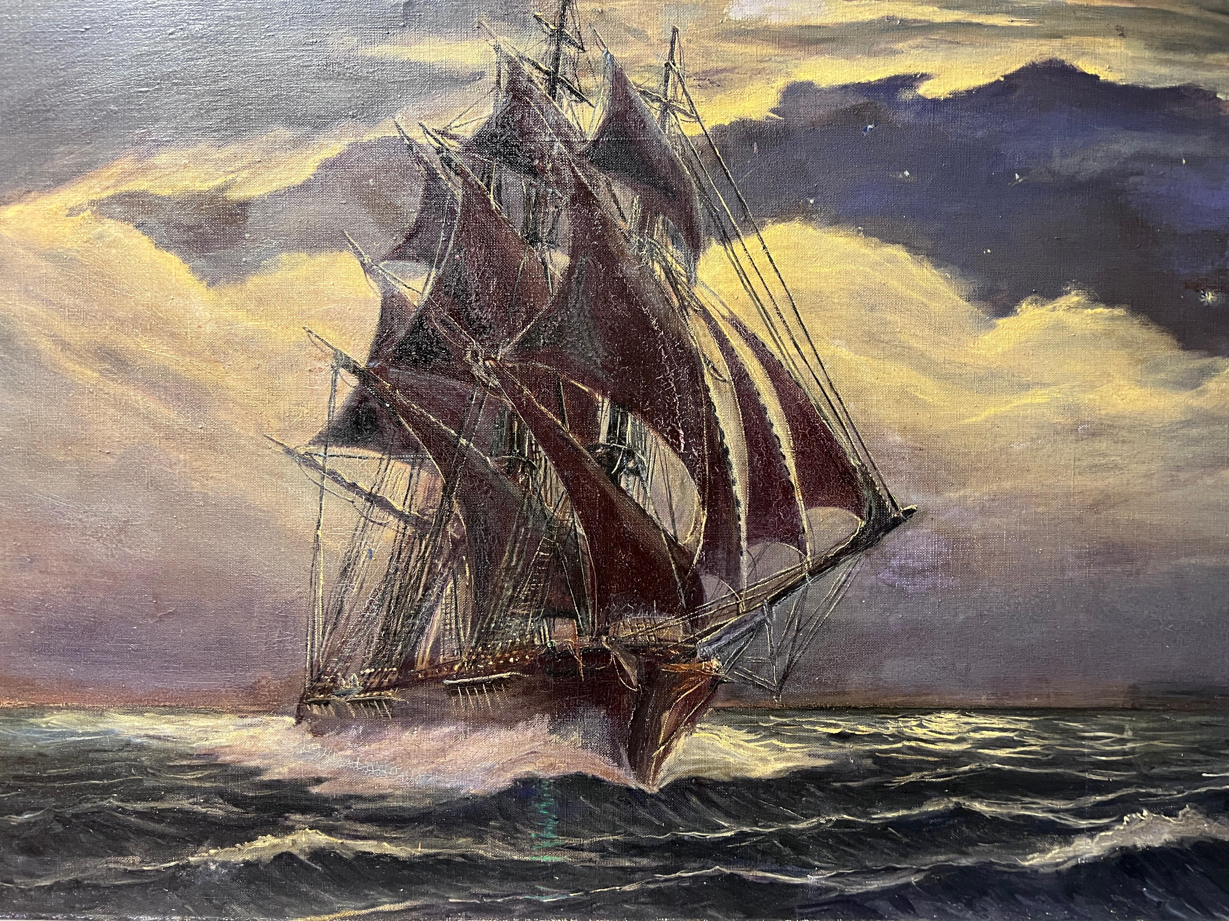 1975 Vintage-Ölgemälde auf Leinwand, Meereslandschaft, Segelschiff, signiert, gerahmt (Impressionismus), Painting, von Unknown